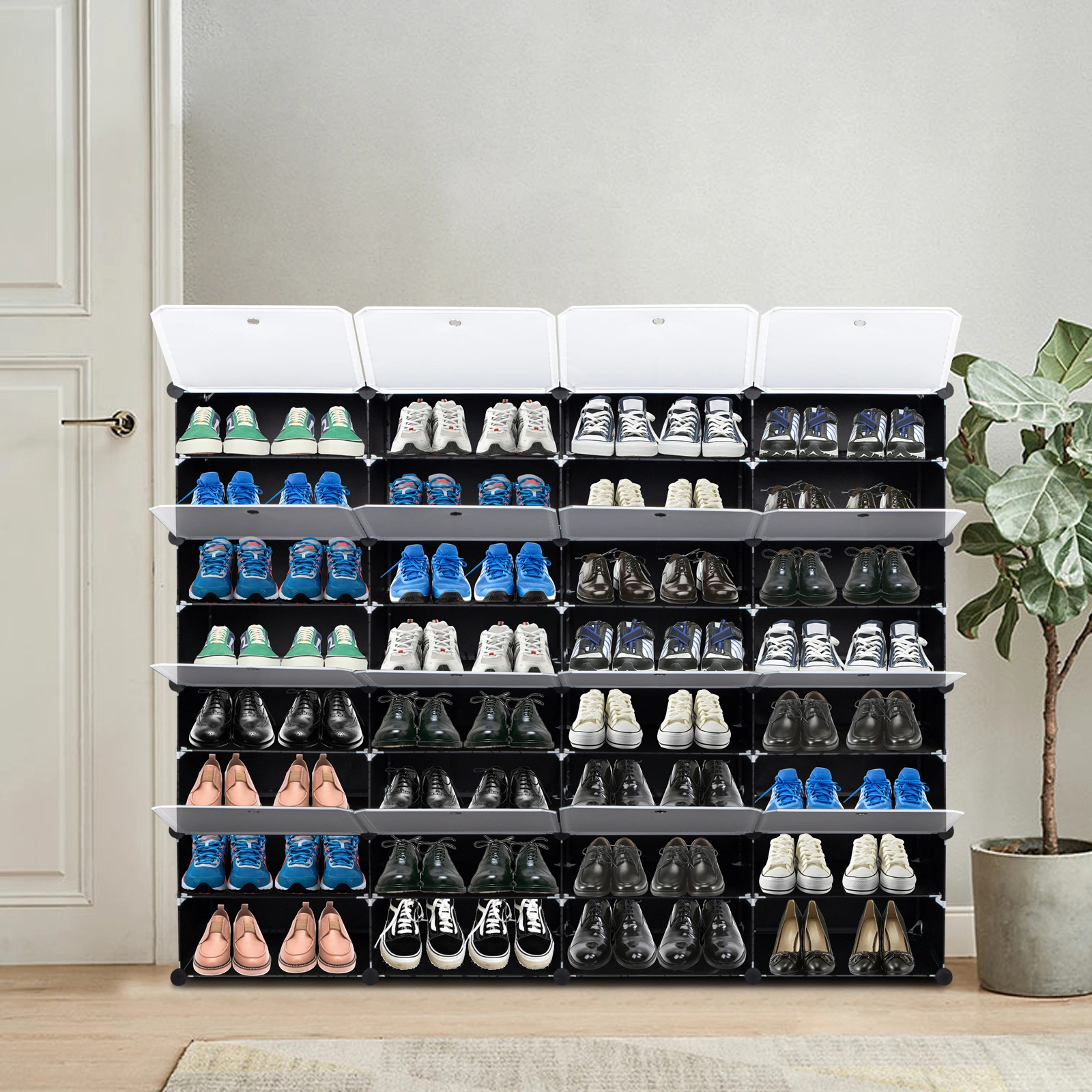 8-Tier Portable 64 Pair Shoe Rack Organizer 32 Grids Tower Shelf Storage Cabinet Stand Expandable for Heels, Boots, Slippers, Black view 10