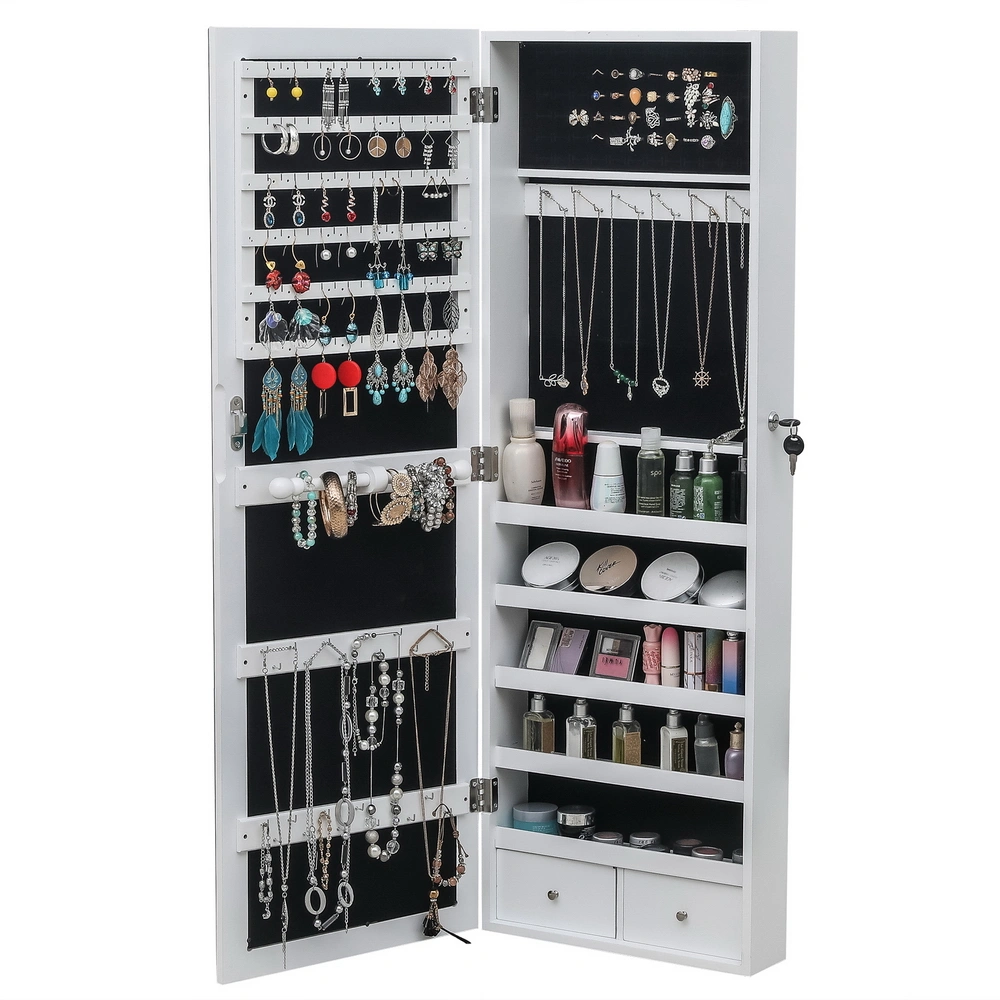 White Wooden 5-Layer Wall Hanging Shelf - Full Mirror Jewelry Storage Cabinet with 2 Drawers view 2