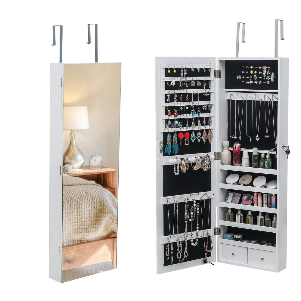 White Wooden 5-Layer Wall Hanging Shelf - Full Mirror Jewelry Storage Cabinet with 2 Drawers view 3