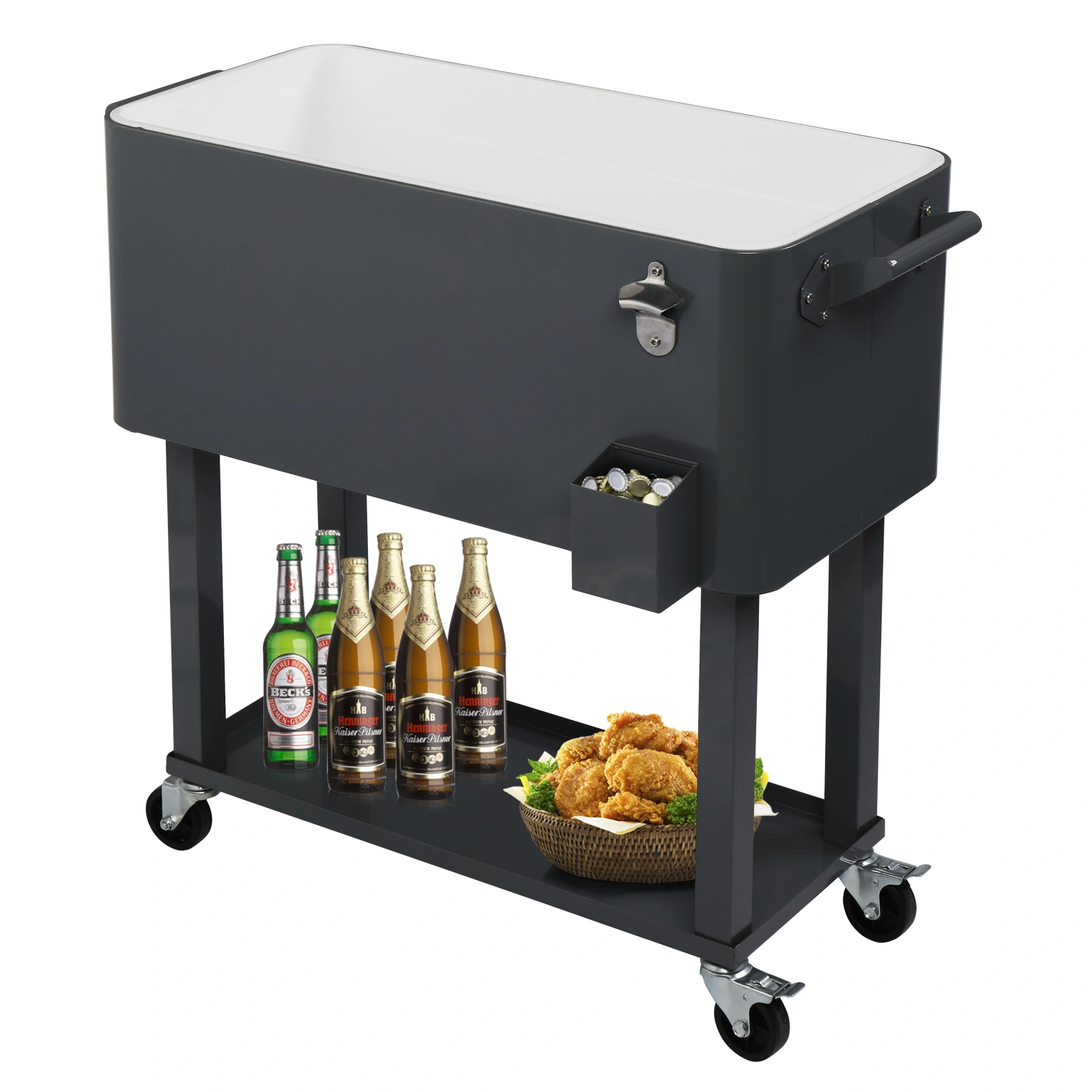 80QT Dark Grey Rolling Cooler Cart, 34.4 x 35.8 x 15.2 Inch Rectangular Insulated Ice Chest with Plastic Body and Steel Tube Legs view 21