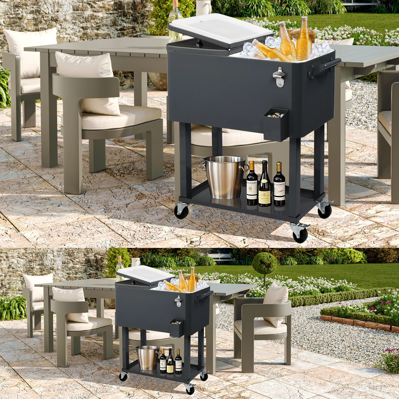 80QT Dark Grey Rolling Cooler Cart, 34.4 x 35.8 x 15.2 Inch Rectangular Insulated Ice Chest with Plastic Body and Steel Tube Legs view 38