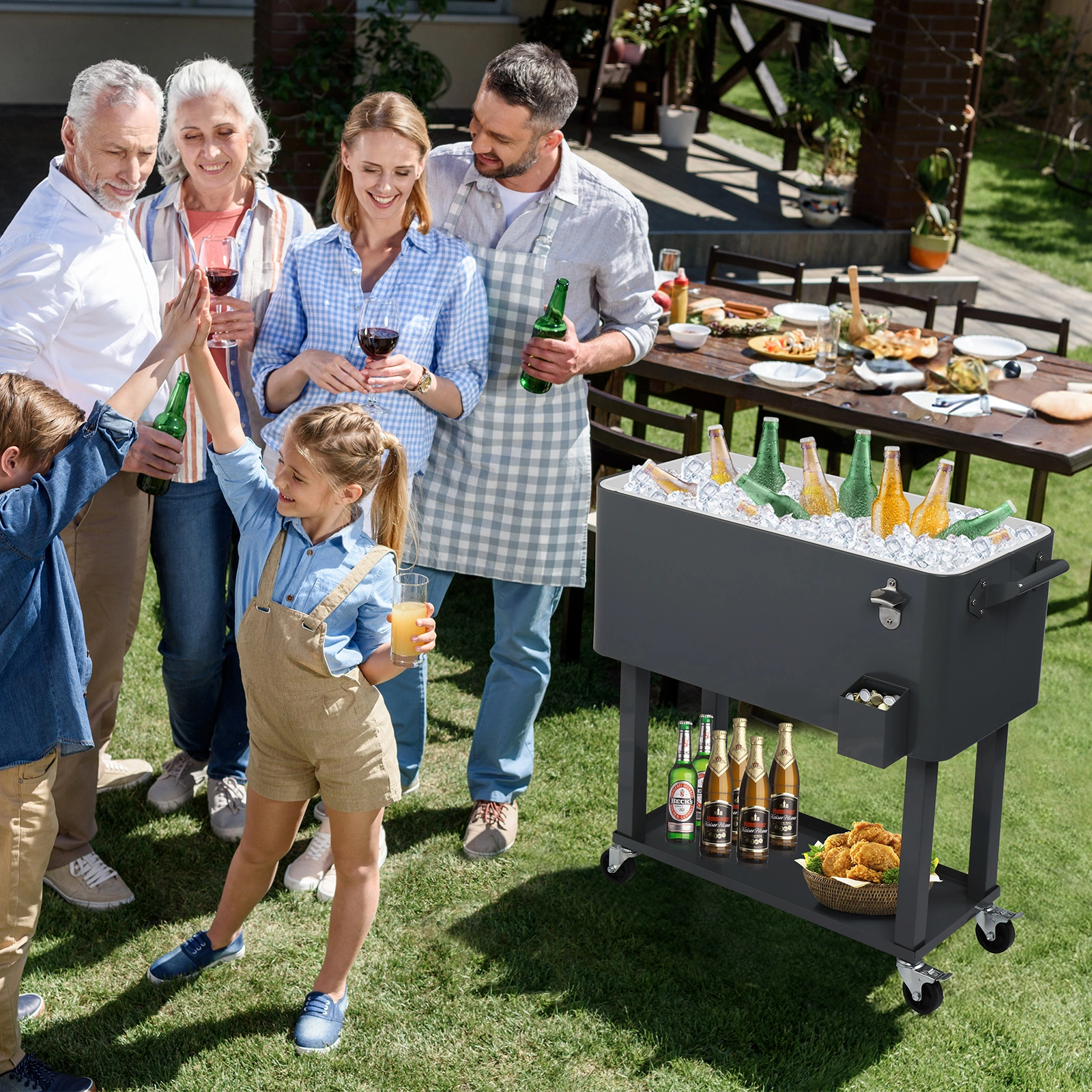 80QT Dark Grey Rolling Cooler Cart, 34.4 x 35.8 x 15.2 Inch Rectangular Insulated Ice Chest with Plastic Body and Steel Tube Legs view 44