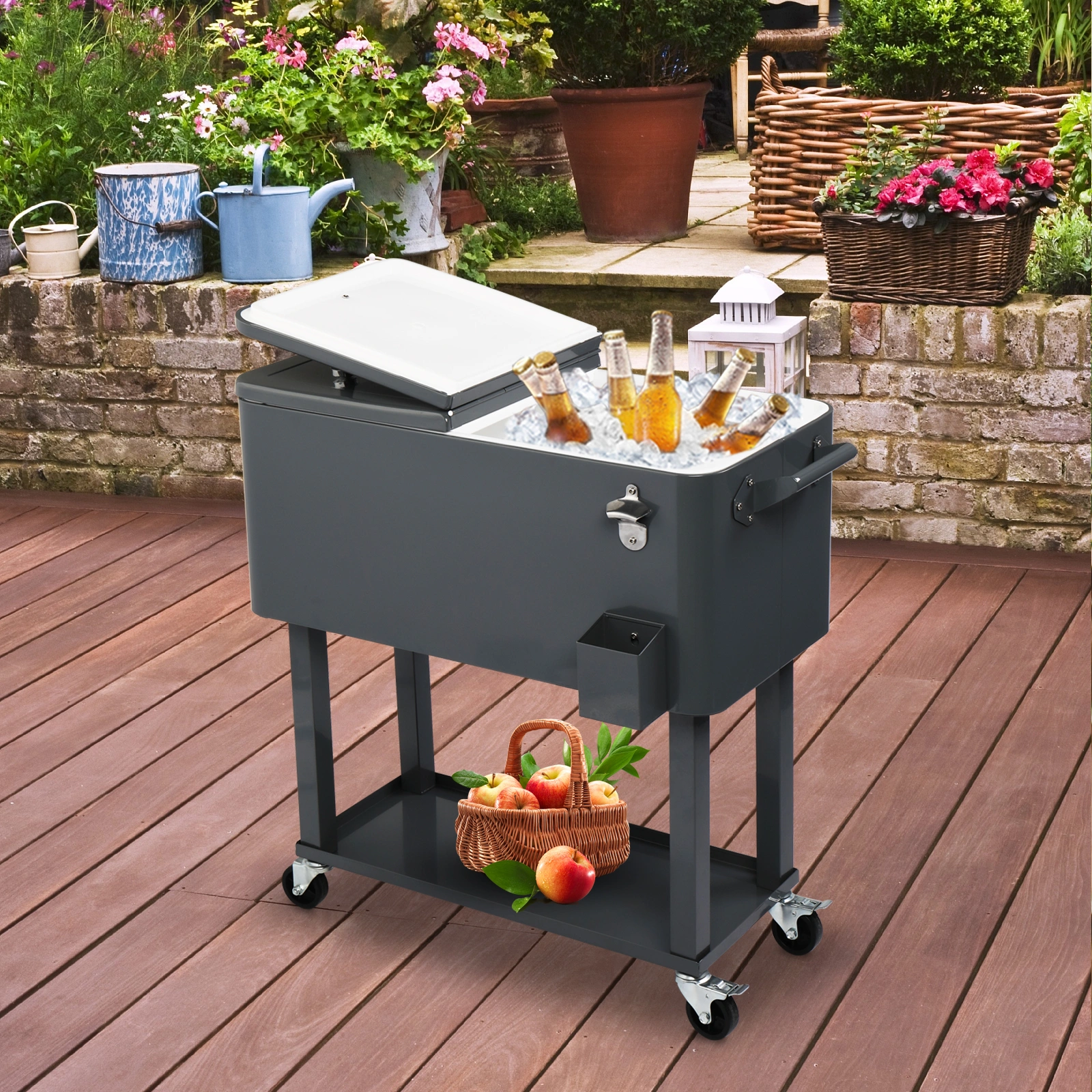 80QT Dark Grey Rolling Cooler Cart, 34.4 x 35.8 x 15.2 Inch Rectangular Insulated Ice Chest with Plastic Body and Steel Tube Legs view 51