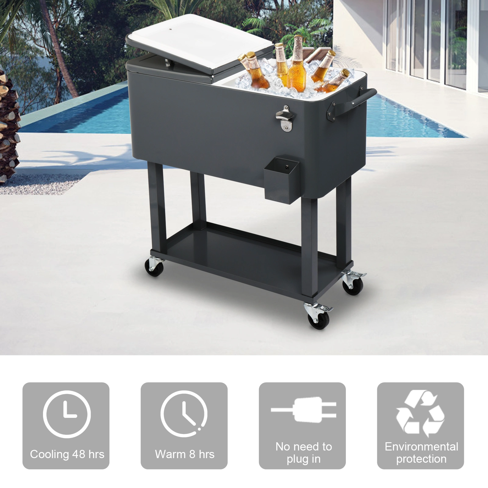 80QT Dark Grey Rolling Cooler Cart, 34.4 x 35.8 x 15.2 Inch Rectangular Insulated Ice Chest with Plastic Body and Steel Tube Legs view 6