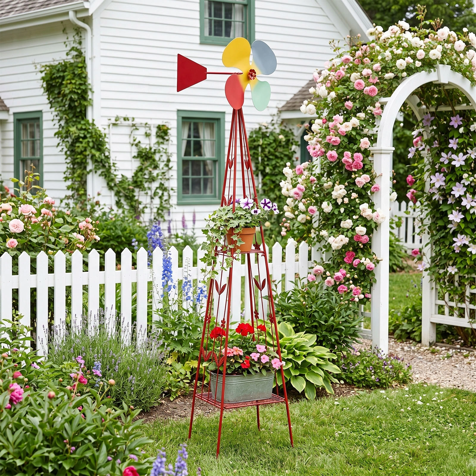 6.2ft Red 4-Blade Iron Windmill with 4-Leg Stand and Storage Shelf view 7