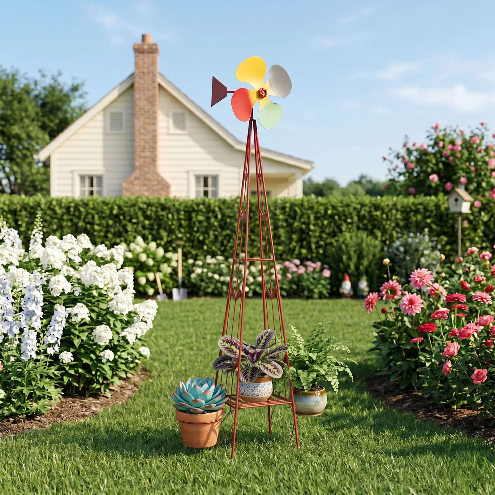 6.2ft Red 4-Blade Iron Windmill with 4-Leg Stand and Storage Shelf view 8