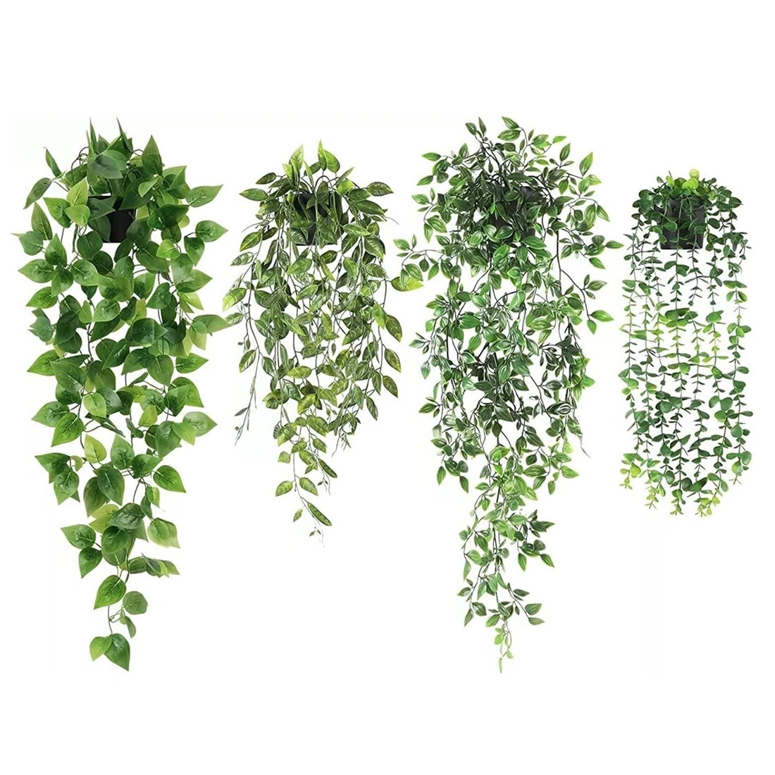 4 Pack Artificial Hanging Plants Fake Trailing Vines in Pots Indoor Outdoor Home Office Garden Decor