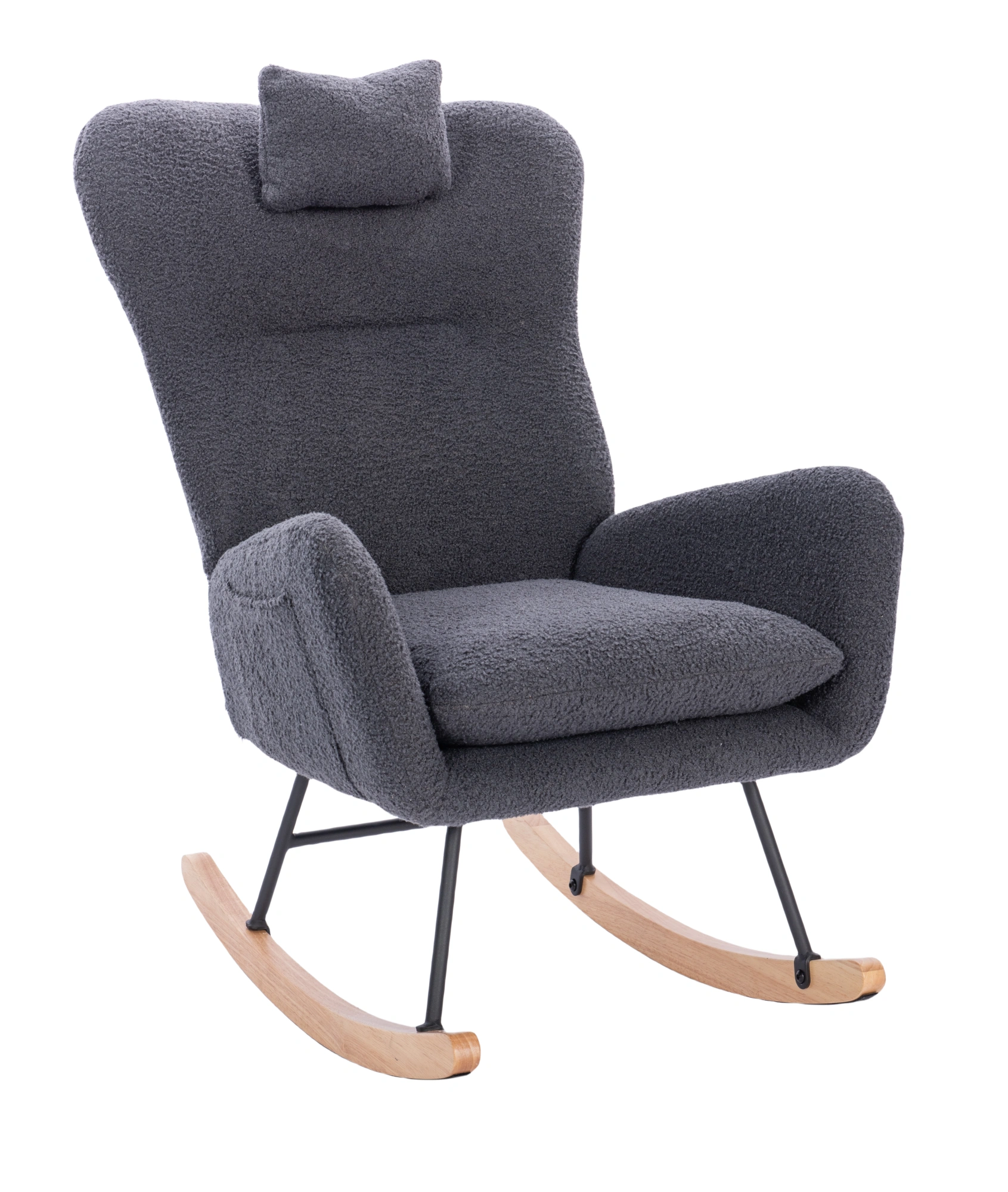 Teddy Upholstered Nursery Rocking Chair | Padded Glider Recliner for Living Room & Bedroom, Dark Grey Fabric