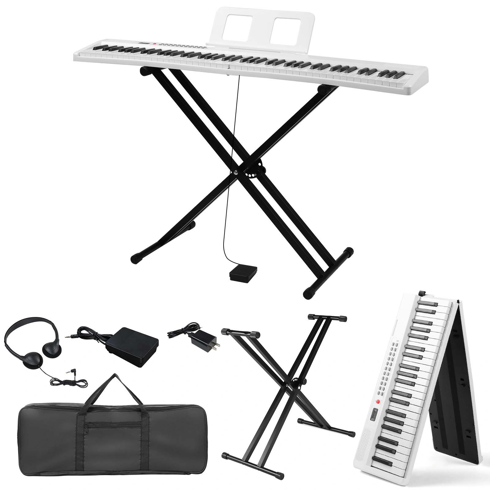88 Key Folding Piano Semi-Weighted Standard Keyboards Digital Piano with Dual-tube X-Shape Stand, MIDI Bluetooth, Handbag,Headphone,for Piano Lover White color