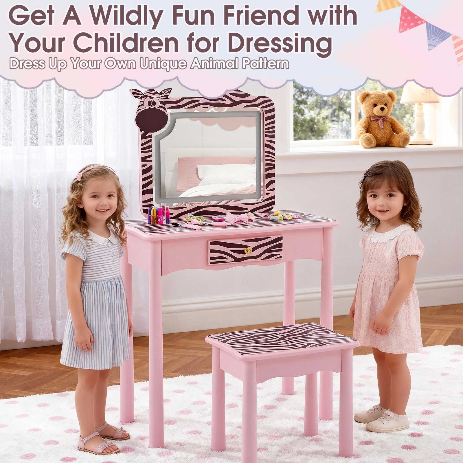 Children Dressing Table Set Macaron Pink MDF Solid Wood Legs Zebra 1 Drawer LED 3-Color Touch Light Kids Vanity Desk view 11