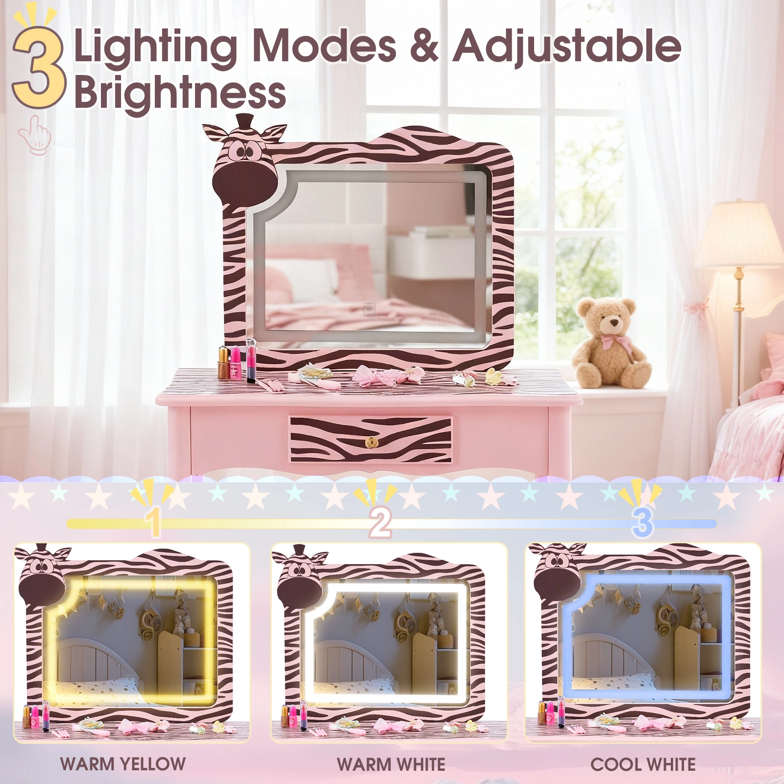 Children Dressing Table Set Macaron Pink MDF Solid Wood Legs Zebra 1 Drawer LED 3-Color Touch Light Kids Vanity Desk view 13