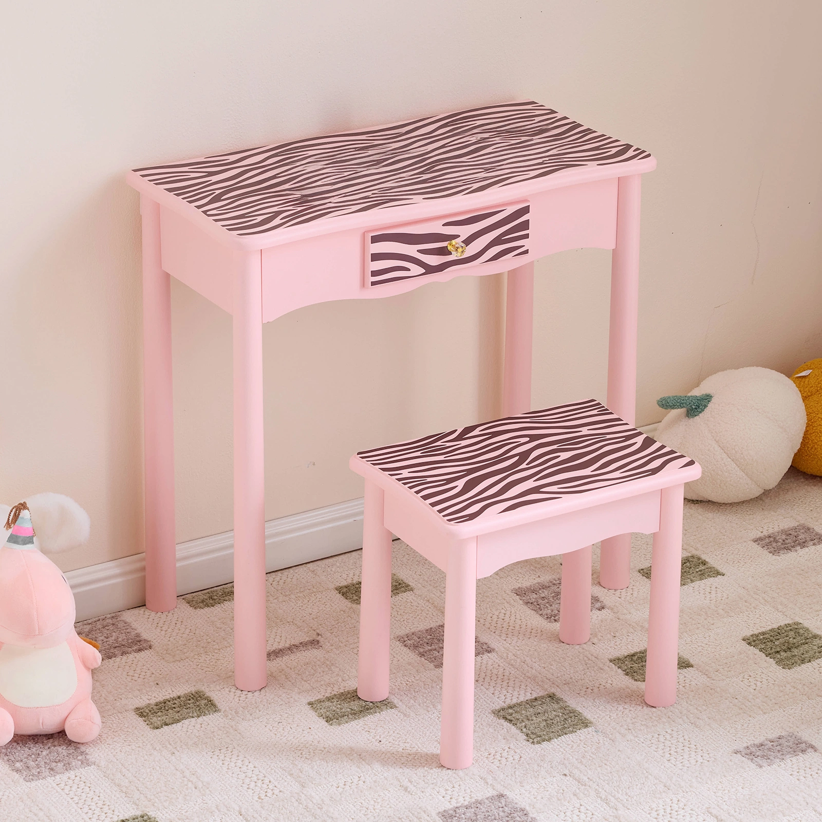 Children Dressing Table Set Macaron Pink MDF Solid Wood Legs Zebra 1 Drawer LED 3-Color Touch Light Kids Vanity Desk view 14