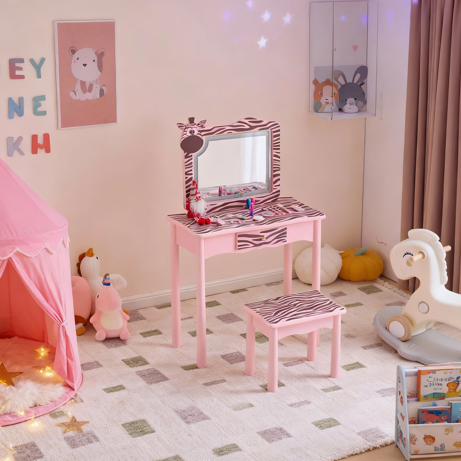 Children Dressing Table Set Macaron Pink MDF Solid Wood Legs Zebra 1 Drawer LED 3-Color Touch Light Kids Vanity Desk view 2