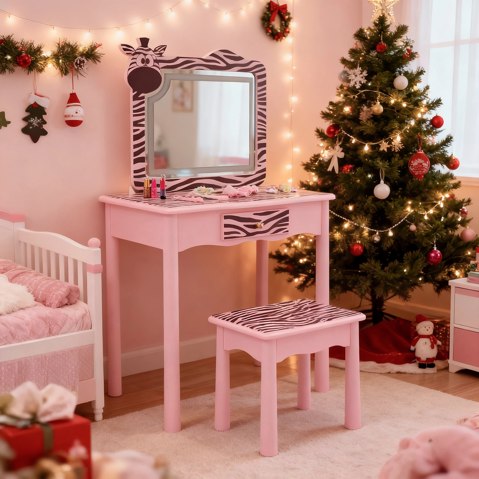 Children Dressing Table Set Macaron Pink MDF Solid Wood Legs Zebra 1 Drawer LED 3-Color Touch Light Kids Vanity Desk view 7