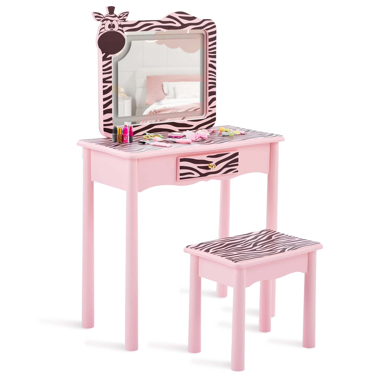 Children Dressing Table Set Macaron Pink MDF Solid Wood Legs Zebra 1 Drawer LED 3-Color Touch Light Kids Vanity Desk view 8