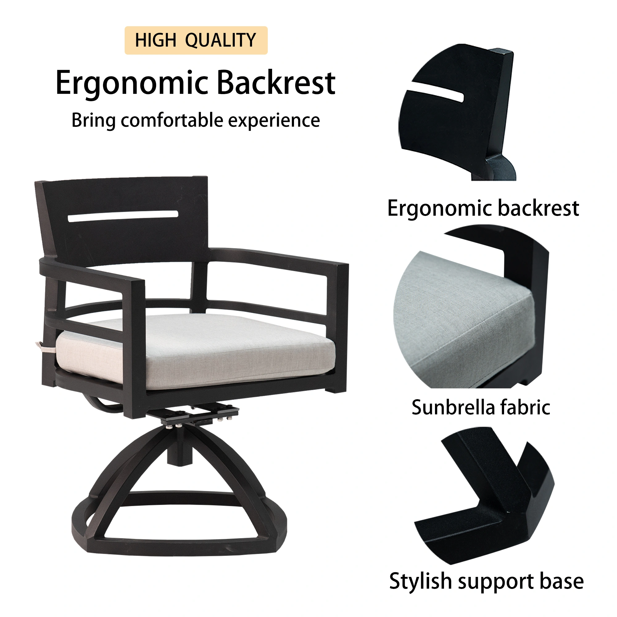 2Pcs Outdoor Patio Aluminum Swivel Rocker Chairs with Sunbrella Cushions, Ember Black