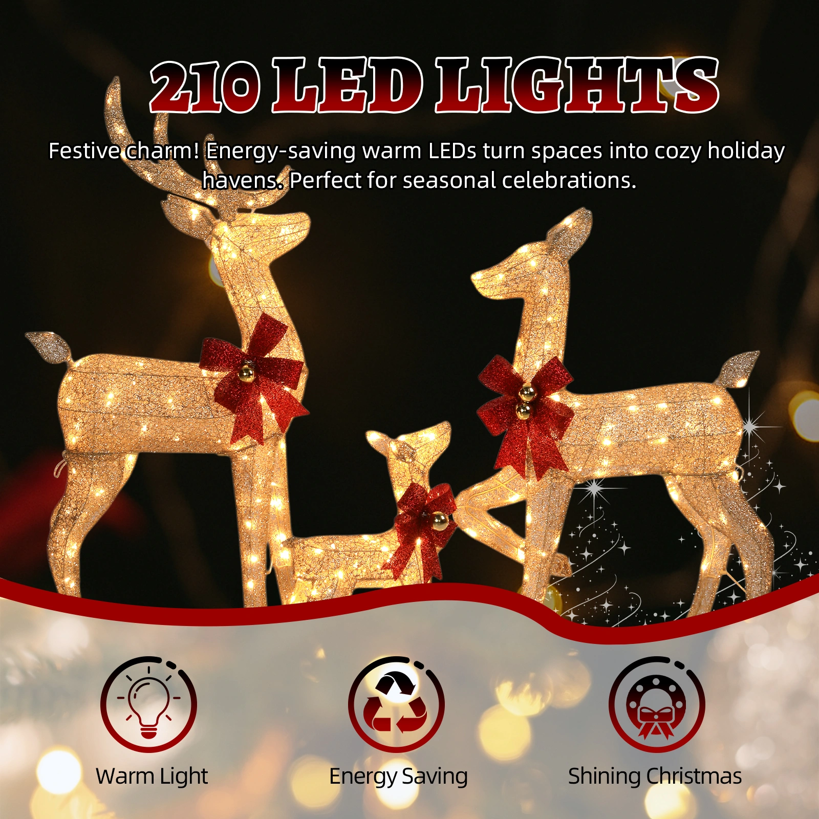 3-Piece Lighted Christmas Reindeer Family Set, 4FT Weather Proof Rattan Deer Decorations with 210 Warm White LED Lights, Outdoor Indoor Holiday Home Ornament, Golden view 2
