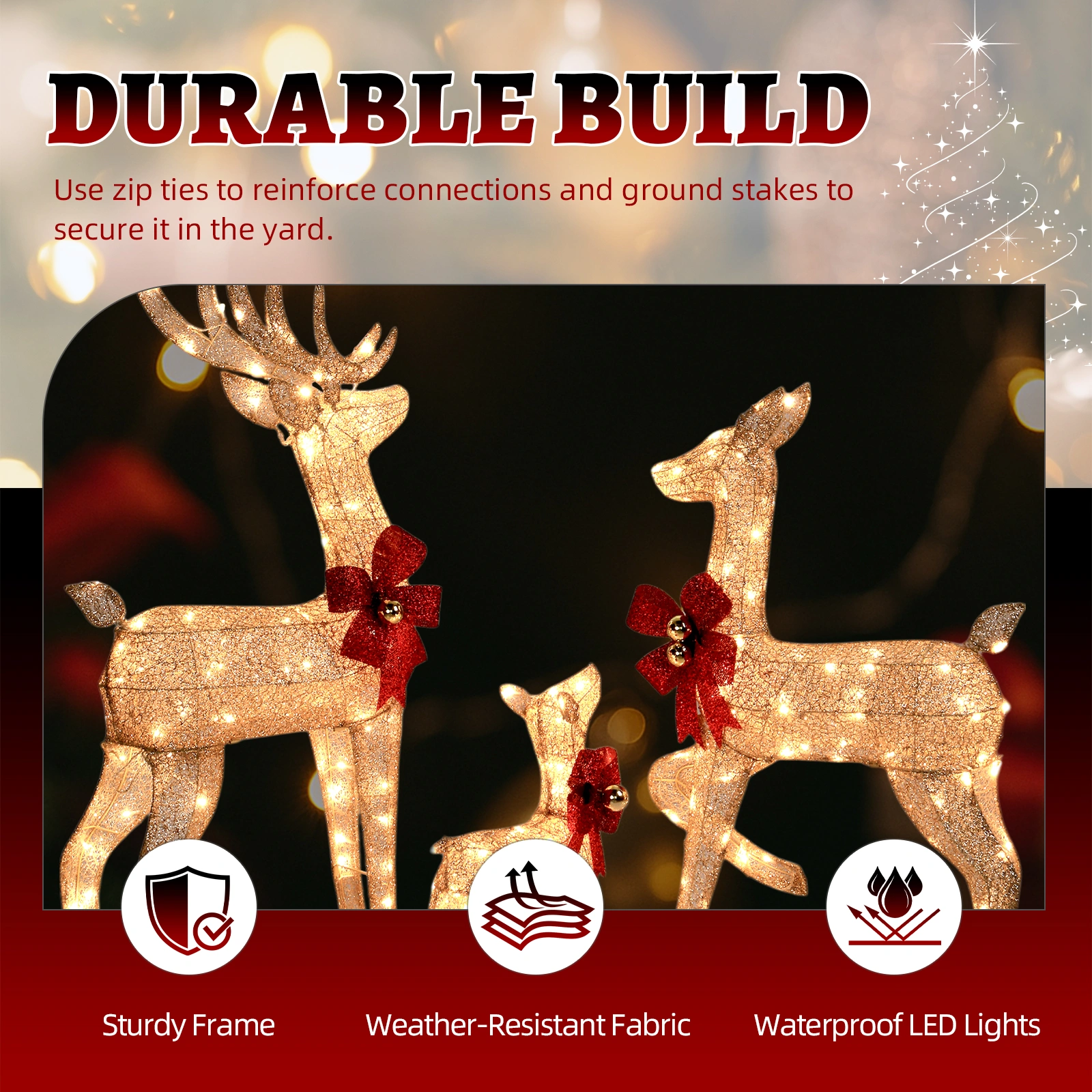 3-Piece Lighted Christmas Reindeer Family Set, 4FT Weather Proof Rattan Deer Decorations with 210 Warm White LED Lights, Outdoor Indoor Holiday Home Ornament, Golden view 3