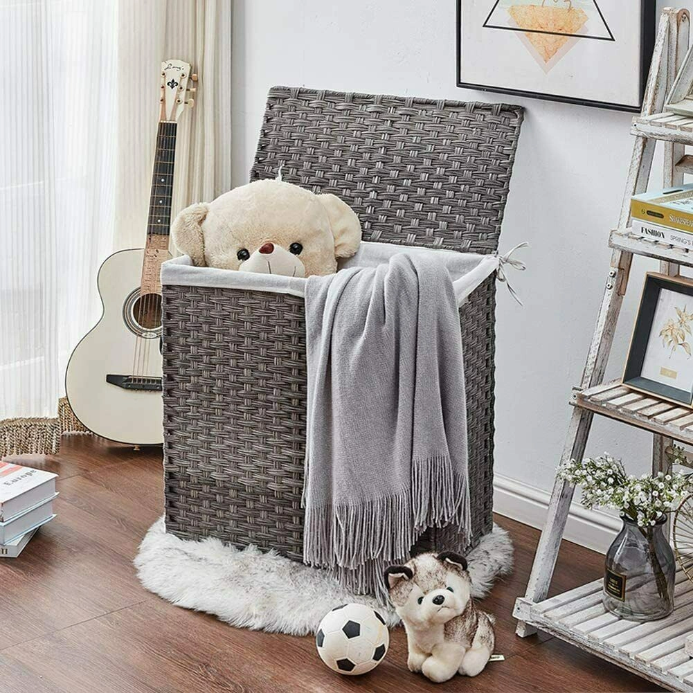 Wicker Laundry Hamper with Lid, Dual Compartment Wastbasket, 2 Removable Laundry Bags, Foldable Divided Clothes Baskets, Natural Rattan