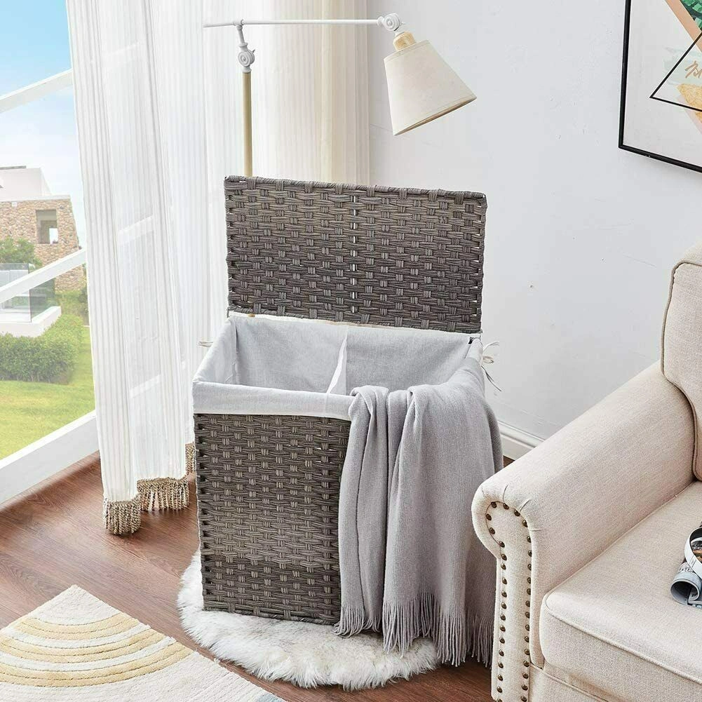 Wicker Laundry Hamper with Lid, Dual Compartment Wastbasket, 2 Removable Laundry Bags, Foldable Divided Clothes Baskets, Natural Rattan view 2