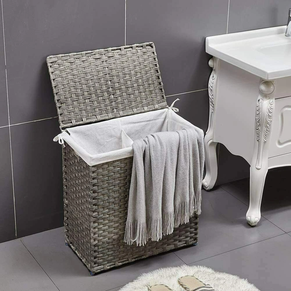 Wicker Laundry Hamper with Lid, Dual Compartment Wastbasket, 2 Removable Laundry Bags, Foldable Divided Clothes Baskets, Natural Rattan view 3