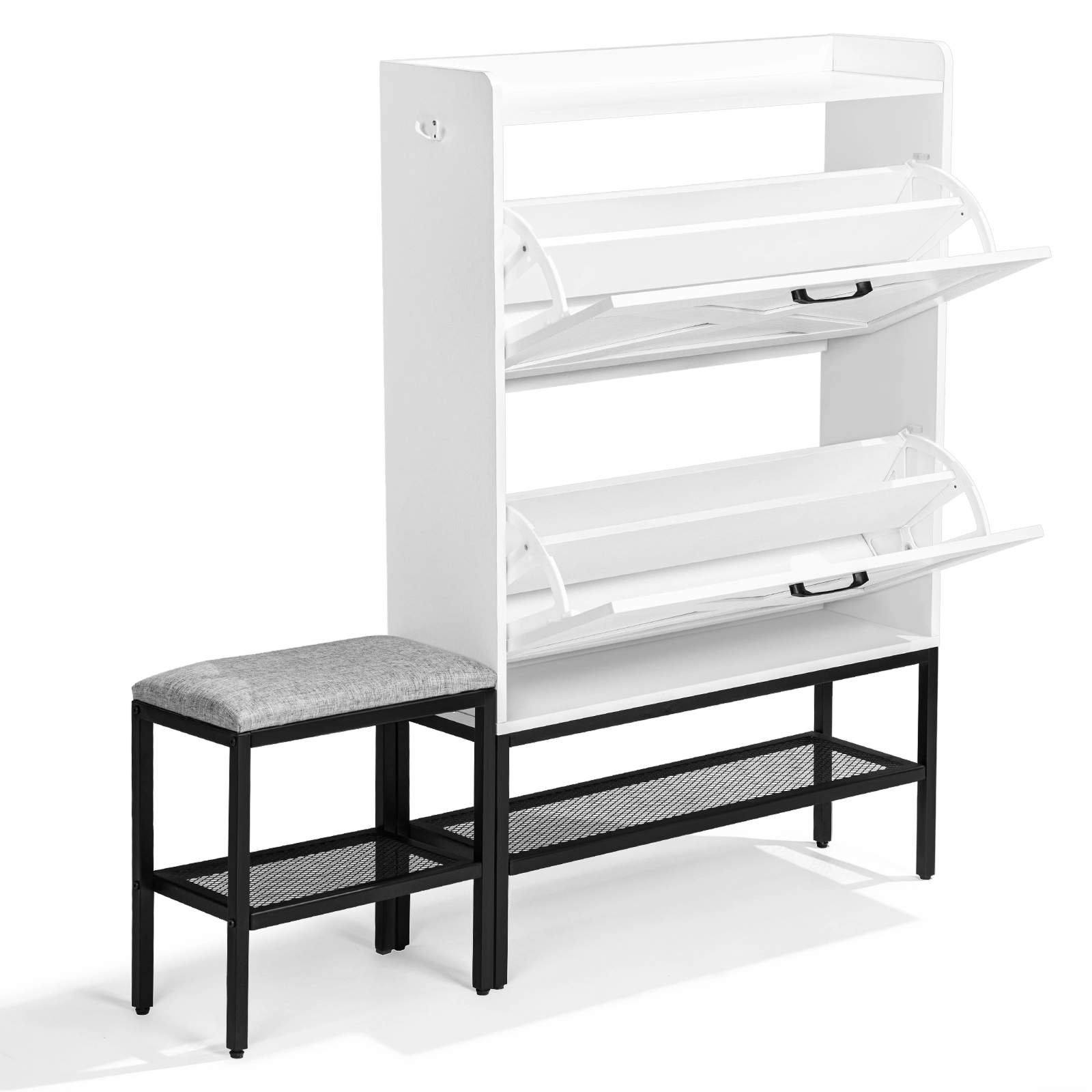 Barn door style shoe cabinet with 2 flip-down compartments, baffle, wire mesh, metal legs with soft pads, and 1 hook. Made of particleboard. Dimensions: 120*24*120cm. Color: White view 2