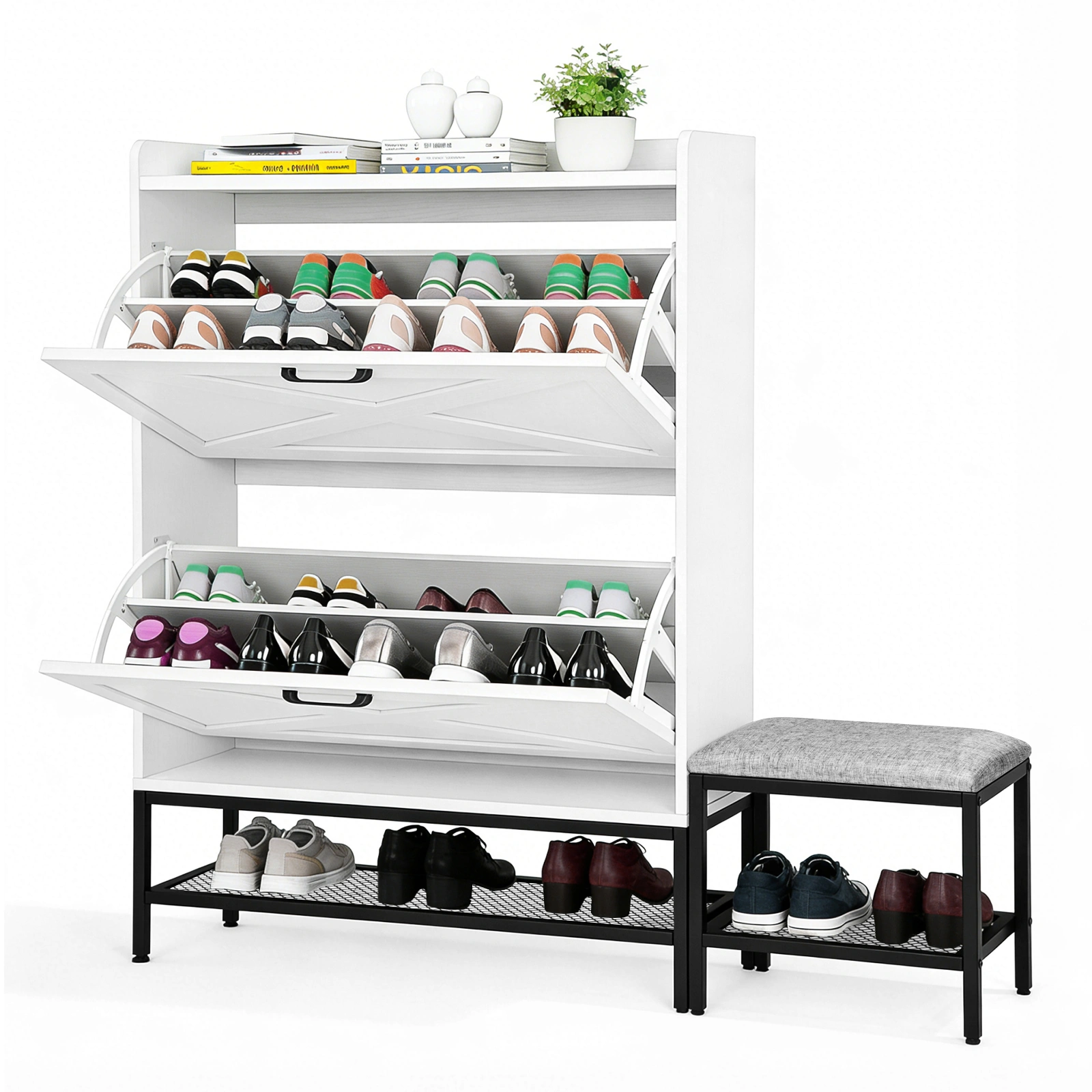 Barn door style shoe cabinet with 2 flip-down compartments, baffle, wire mesh, metal legs with soft pads, and 1 hook. Made of particleboard. Dimensions: 120*24*120cm. Color: White view 4