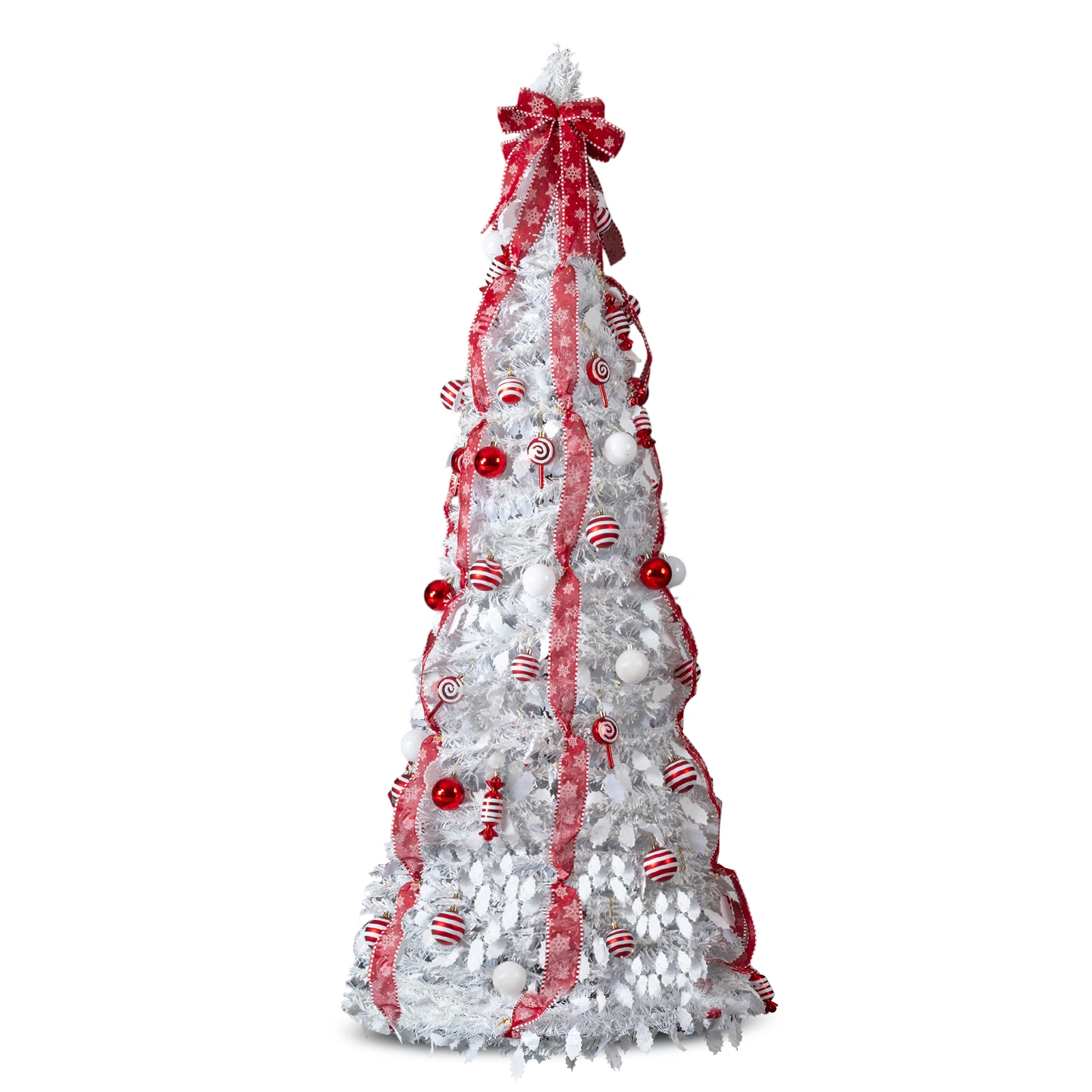 7 FT Fully Decorated Pre-lit Christmas Tree, Pop Up Artificial Xmas Tree with 170 Warm Lights and Red Ornaments for Home Office Store Holiday Deco, White