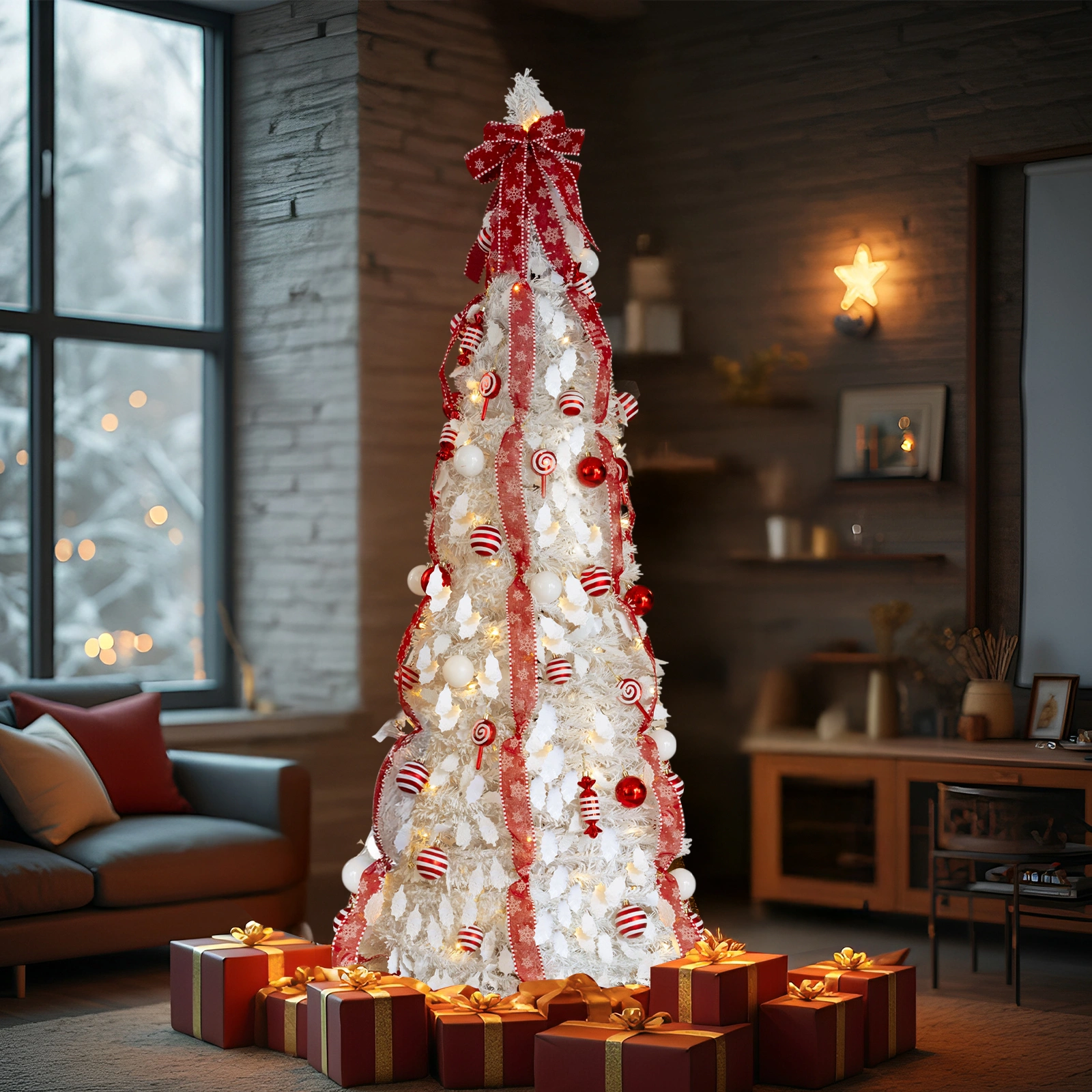 7 FT Fully Decorated Pre-lit Christmas Tree, Pop Up Artificial Xmas Tree with 170 Warm Lights and Red Ornaments for Home Office Store Holiday Deco, White view 11