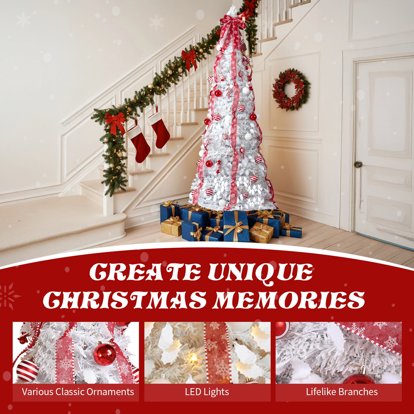 7 FT Fully Decorated Pre-lit Christmas Tree, Pop Up Artificial Xmas Tree with 170 Warm Lights and Red Ornaments for Home Office Store Holiday Deco, White view 12