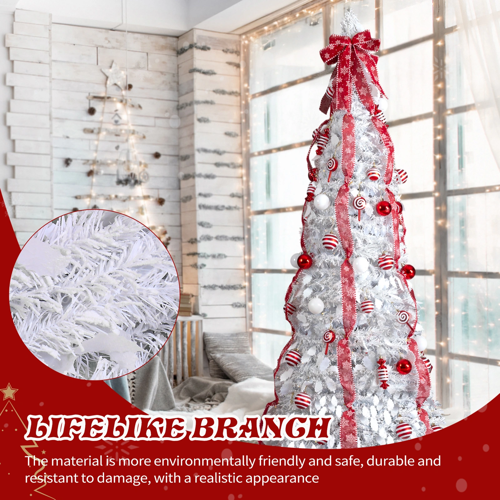 7 FT Fully Decorated Pre-lit Christmas Tree, Pop Up Artificial Xmas Tree with 170 Warm Lights and Red Ornaments for Home Office Store Holiday Deco, White view 13