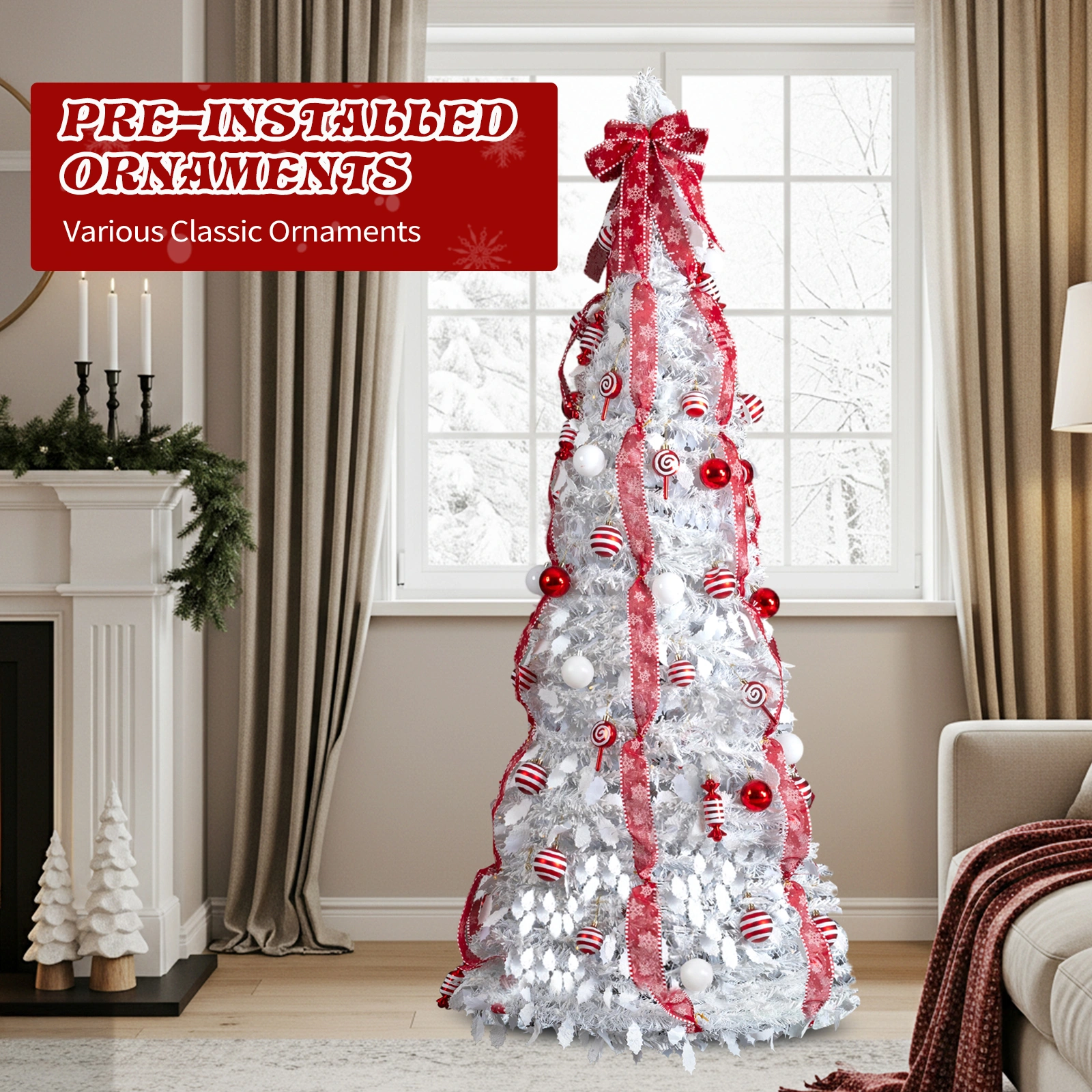 7 FT Fully Decorated Pre-lit Christmas Tree, Pop Up Artificial Xmas Tree with 170 Warm Lights and Red Ornaments for Home Office Store Holiday Deco, White view 14