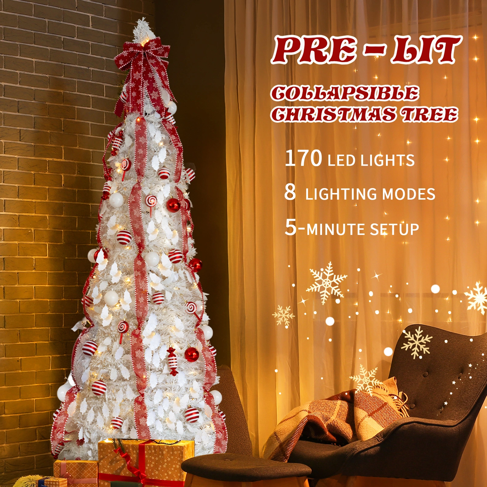 7 FT Fully Decorated Pre-lit Christmas Tree, Pop Up Artificial Xmas Tree with 170 Warm Lights and Red Ornaments for Home Office Store Holiday Deco, White view 15