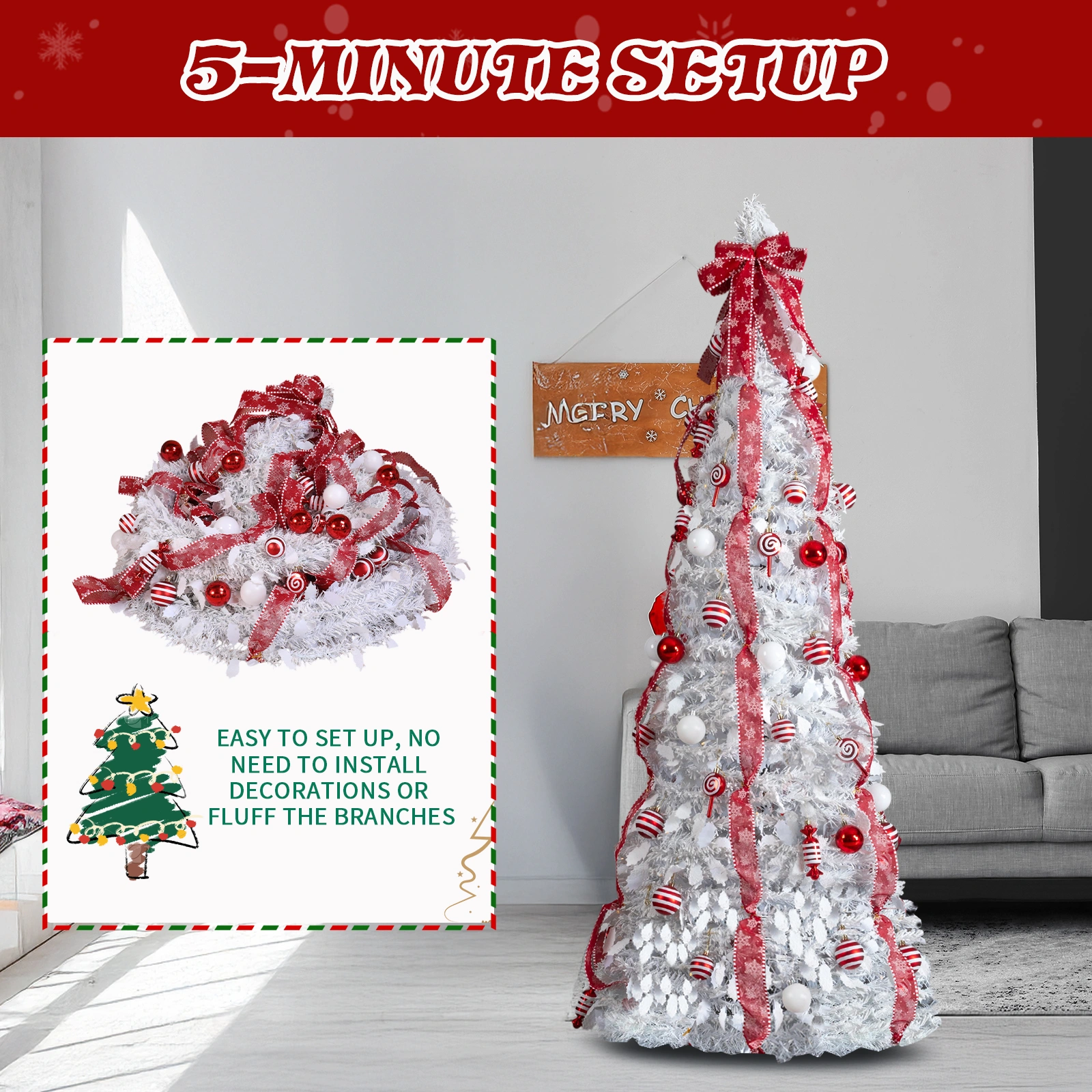 7 FT Fully Decorated Pre-lit Christmas Tree, Pop Up Artificial Xmas Tree with 170 Warm Lights and Red Ornaments for Home Office Store Holiday Deco, White view 2