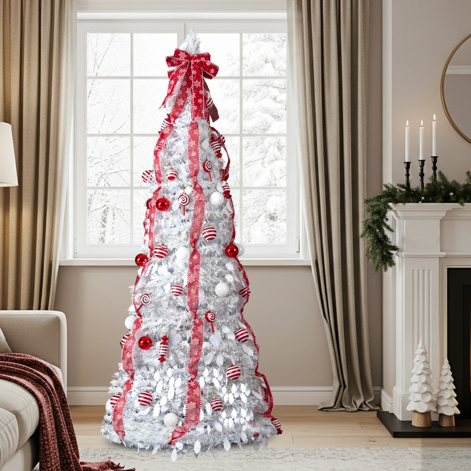 7 FT Fully Decorated Pre-lit Christmas Tree, Pop Up Artificial Xmas Tree with 170 Warm Lights and Red Ornaments for Home Office Store Holiday Deco, White view 7