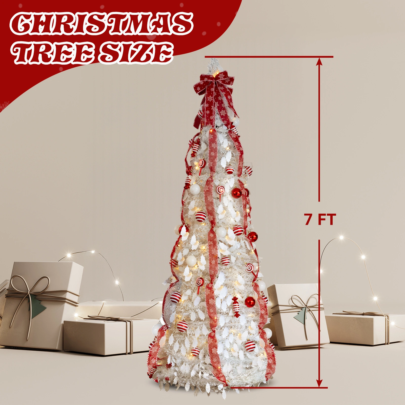 7 FT Fully Decorated Pre-lit Christmas Tree, Pop Up Artificial Xmas Tree with 170 Warm Lights and Red Ornaments for Home Office Store Holiday Deco, White view 8