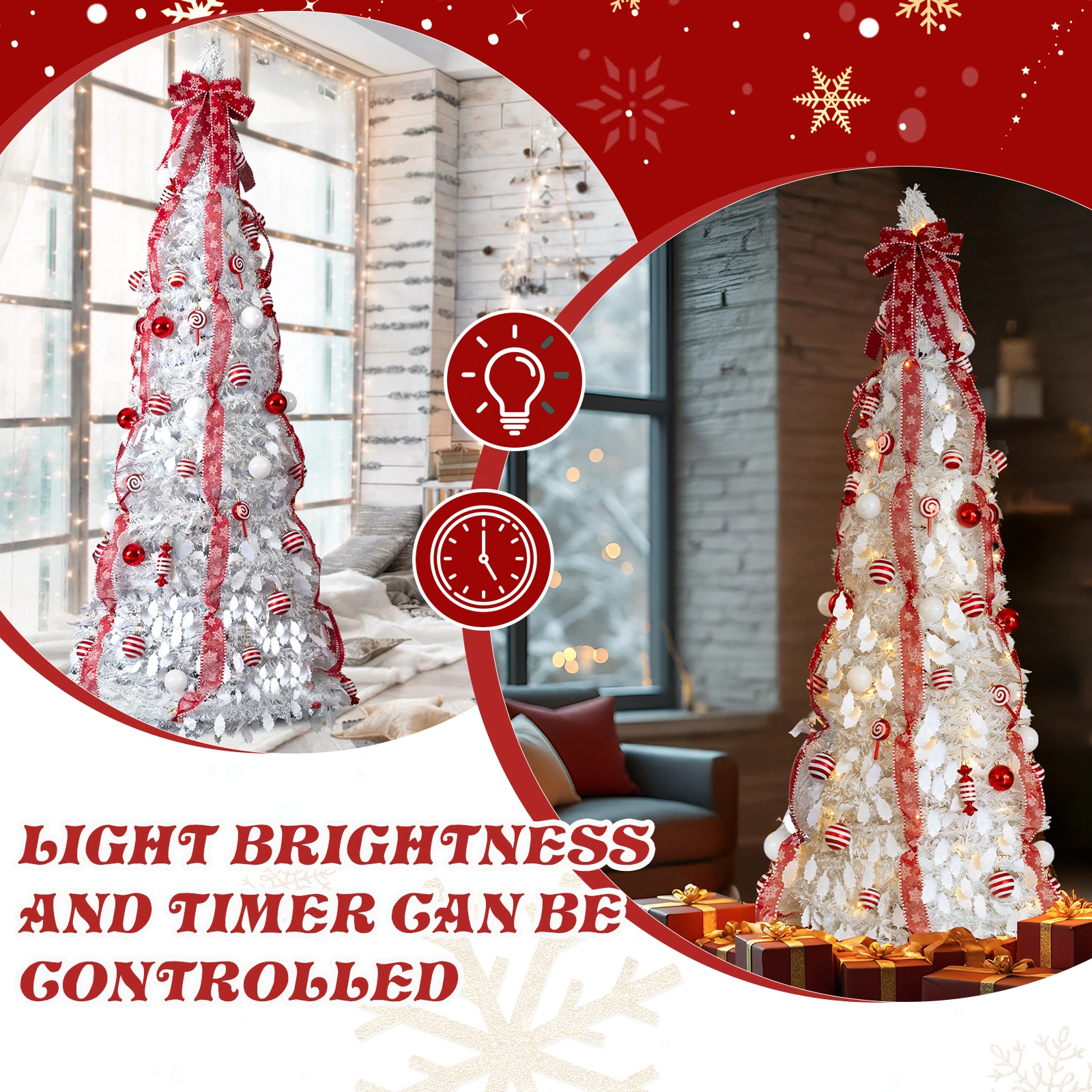 7 FT Fully Decorated Pre-lit Christmas Tree, Pop Up Artificial Xmas Tree with 170 Warm Lights and Red Ornaments for Home Office Store Holiday Deco, White view 9