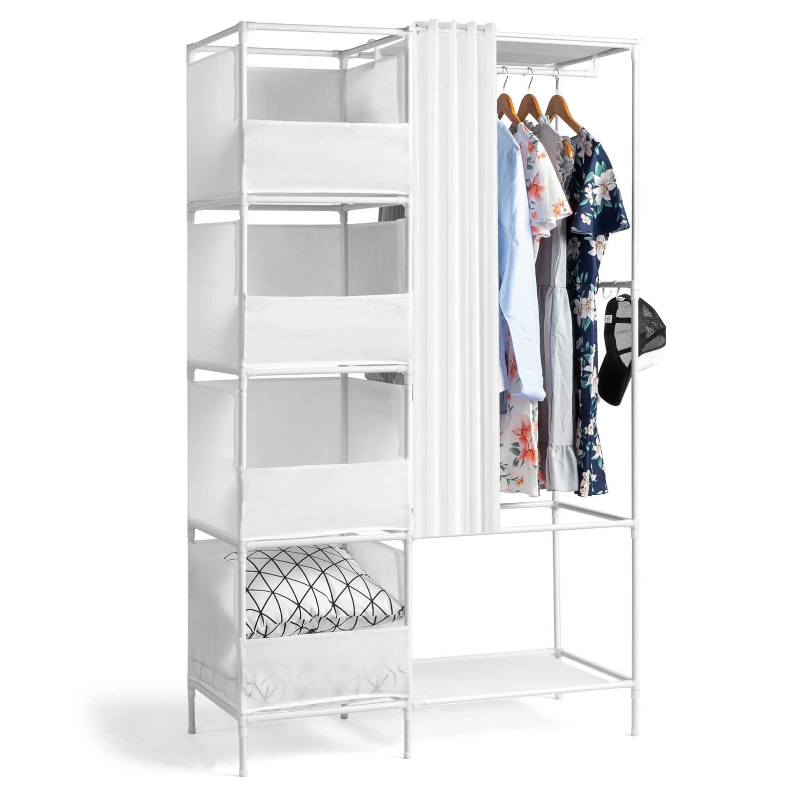 White 4-Tier Double Row Wardrobe with Curtains, Non-Woven Fabric Closet with Storage Compartments, 105x45x170cm
