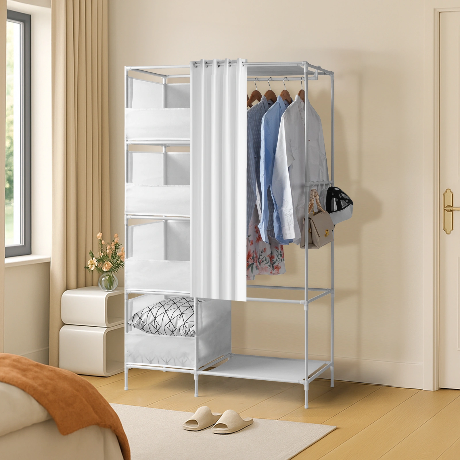 White 4-Tier Double Row Wardrobe with Curtains, Non-Woven Fabric Closet with Storage Compartments, 105x45x170cm view 3