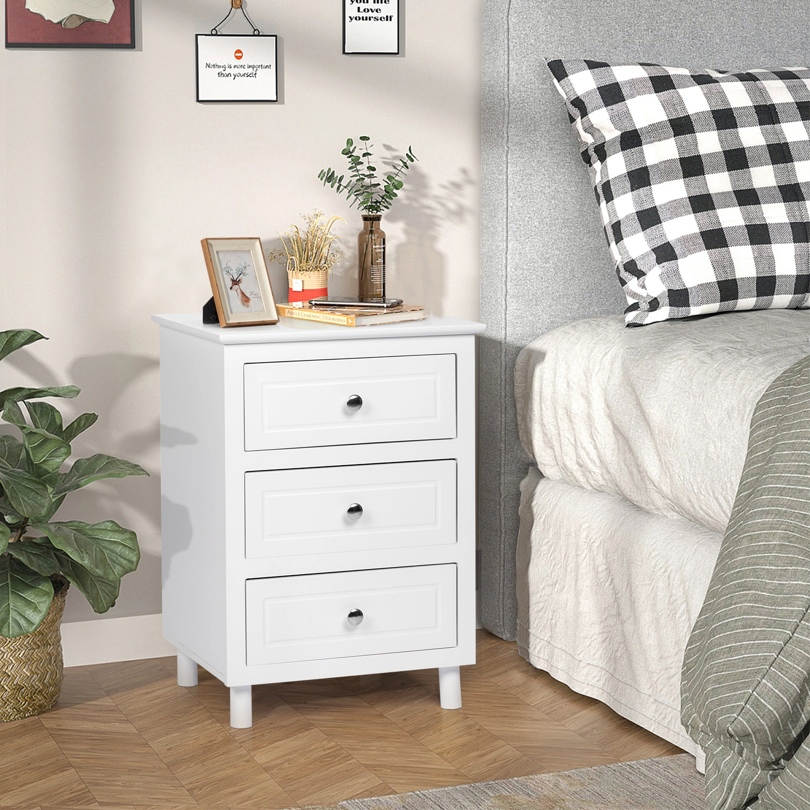 45x38x63cm Country Style 3-Drawer Nightstand Table Large White Wooden Bedside Cabinet