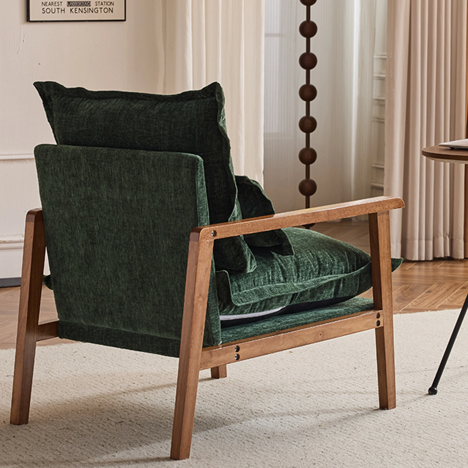Cloud Shaped Indoor Leisure Chair with Solid Wood Armrest & Solid Wood Frame, Chenille Fabric Accent Chair with Lumbar Pillow, Single Sofa Chair Dark Green view 17