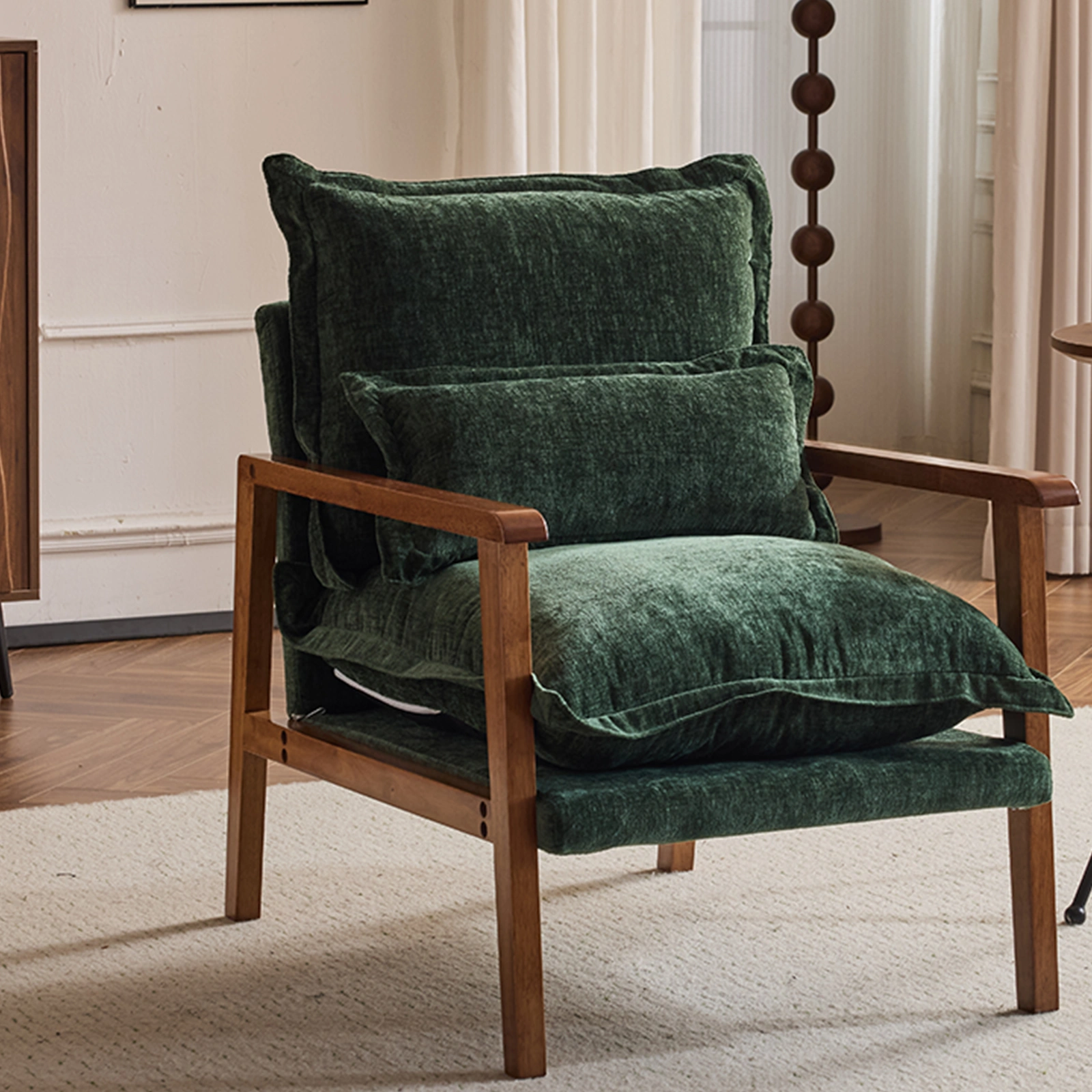 Cloud Shaped Indoor Leisure Chair with Solid Wood Armrest & Solid Wood Frame, Chenille Fabric Accent Chair with Lumbar Pillow, Single Sofa Chair Dark Green view 18
