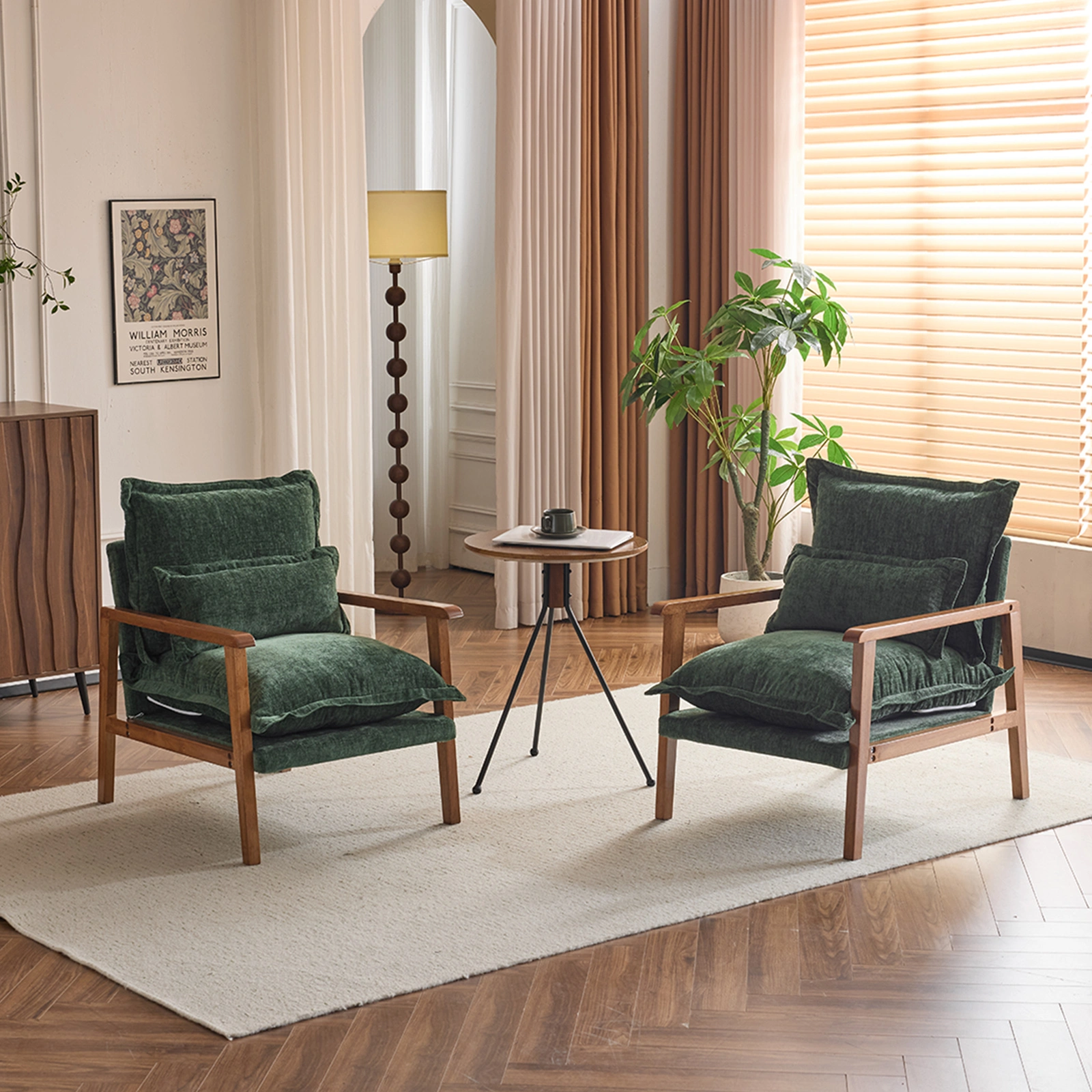 Cloud Shaped Indoor Leisure Chair with Solid Wood Armrest & Solid Wood Frame, Chenille Fabric Accent Chair with Lumbar Pillow, Single Sofa Chair Dark Green view 19