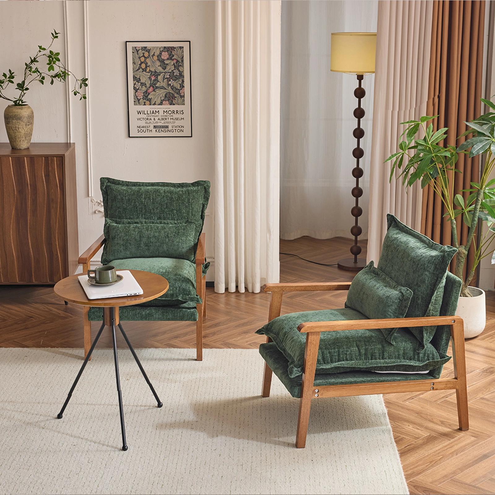 Cloud Shaped Indoor Leisure Chair with Solid Wood Armrest & Solid Wood Frame, Chenille Fabric Accent Chair with Lumbar Pillow, Single Sofa Chair Dark Green view 20