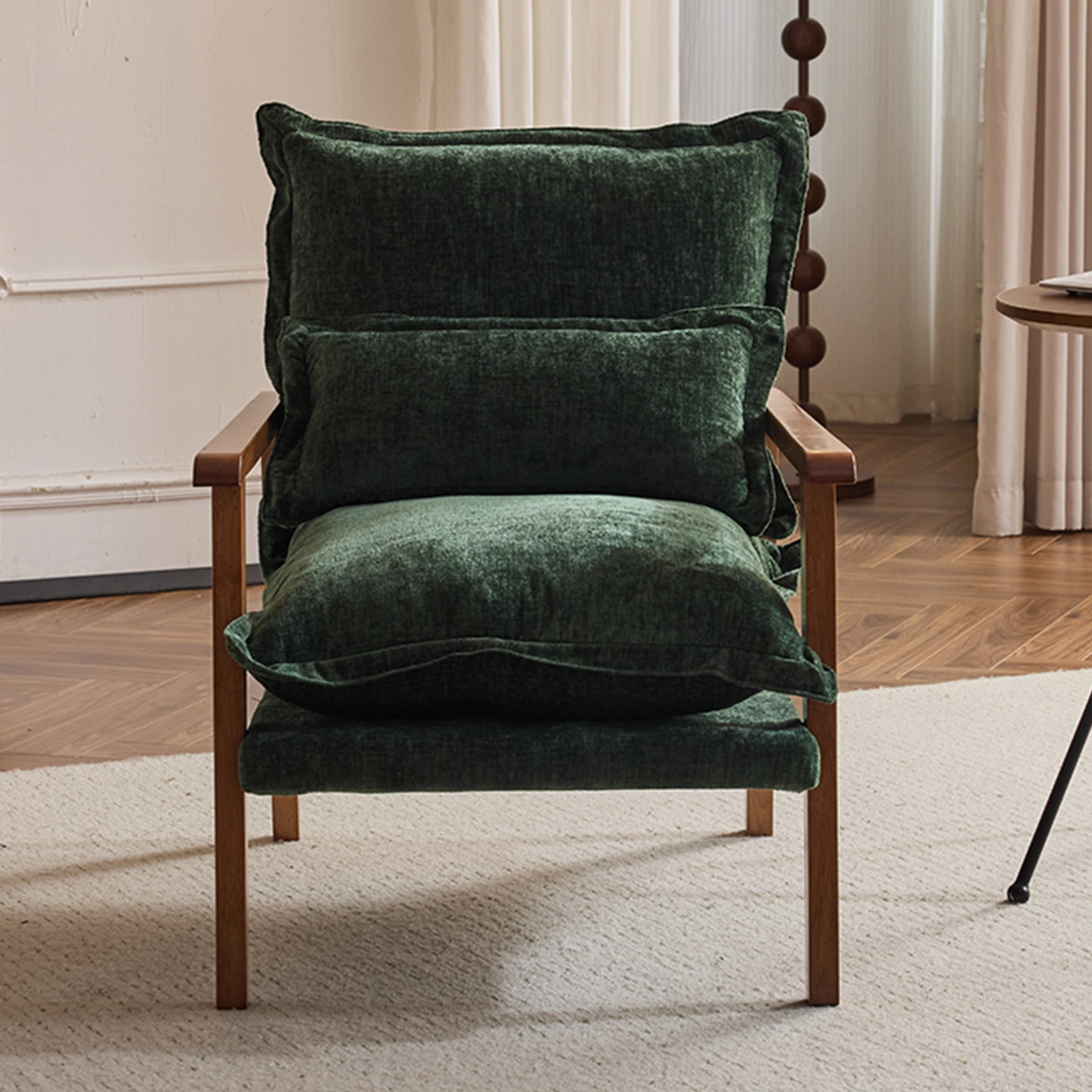 Cloud Shaped Indoor Leisure Chair with Solid Wood Armrest & Solid Wood Frame, Chenille Fabric Accent Chair with Lumbar Pillow, Single Sofa Chair Dark Green view 21