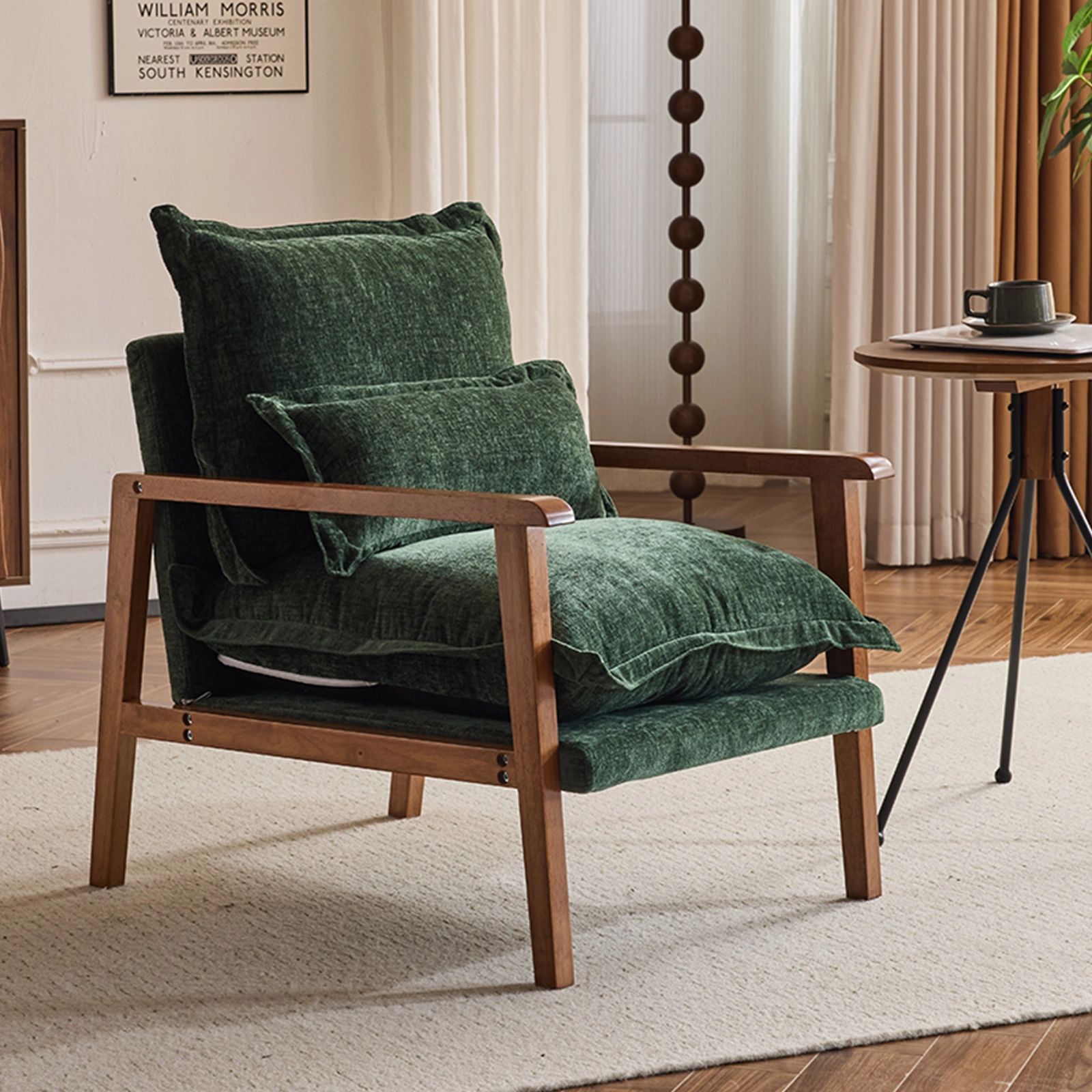 Cloud Shaped Indoor Leisure Chair with Solid Wood Armrest & Solid Wood Frame, Chenille Fabric Accent Chair with Lumbar Pillow, Single Sofa Chair Dark Green view 23