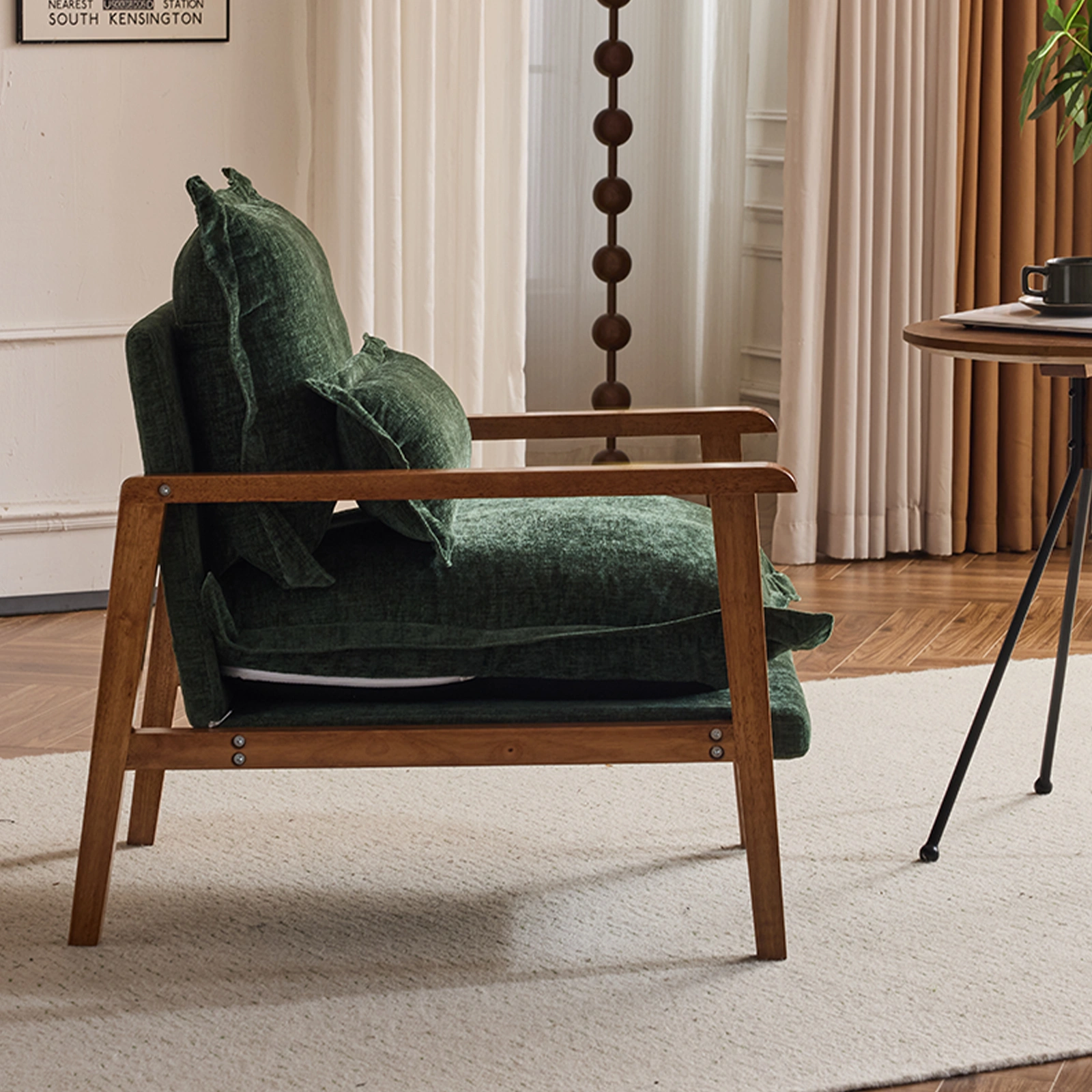 Cloud Shaped Indoor Leisure Chair with Solid Wood Armrest & Solid Wood Frame, Chenille Fabric Accent Chair with Lumbar Pillow, Single Sofa Chair Dark Green view 24