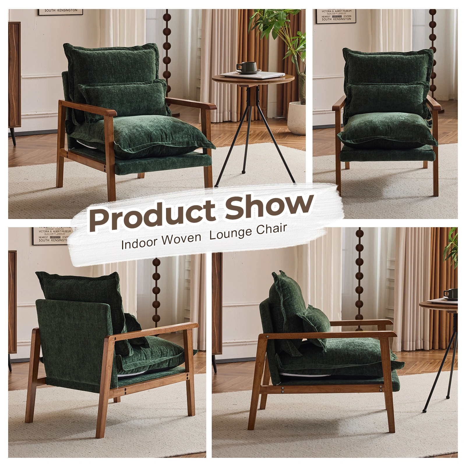Cloud Shaped Indoor Leisure Chair with Solid Wood Armrest & Solid Wood Frame, Chenille Fabric Accent Chair with Lumbar Pillow, Single Sofa Chair Dark Green view 3