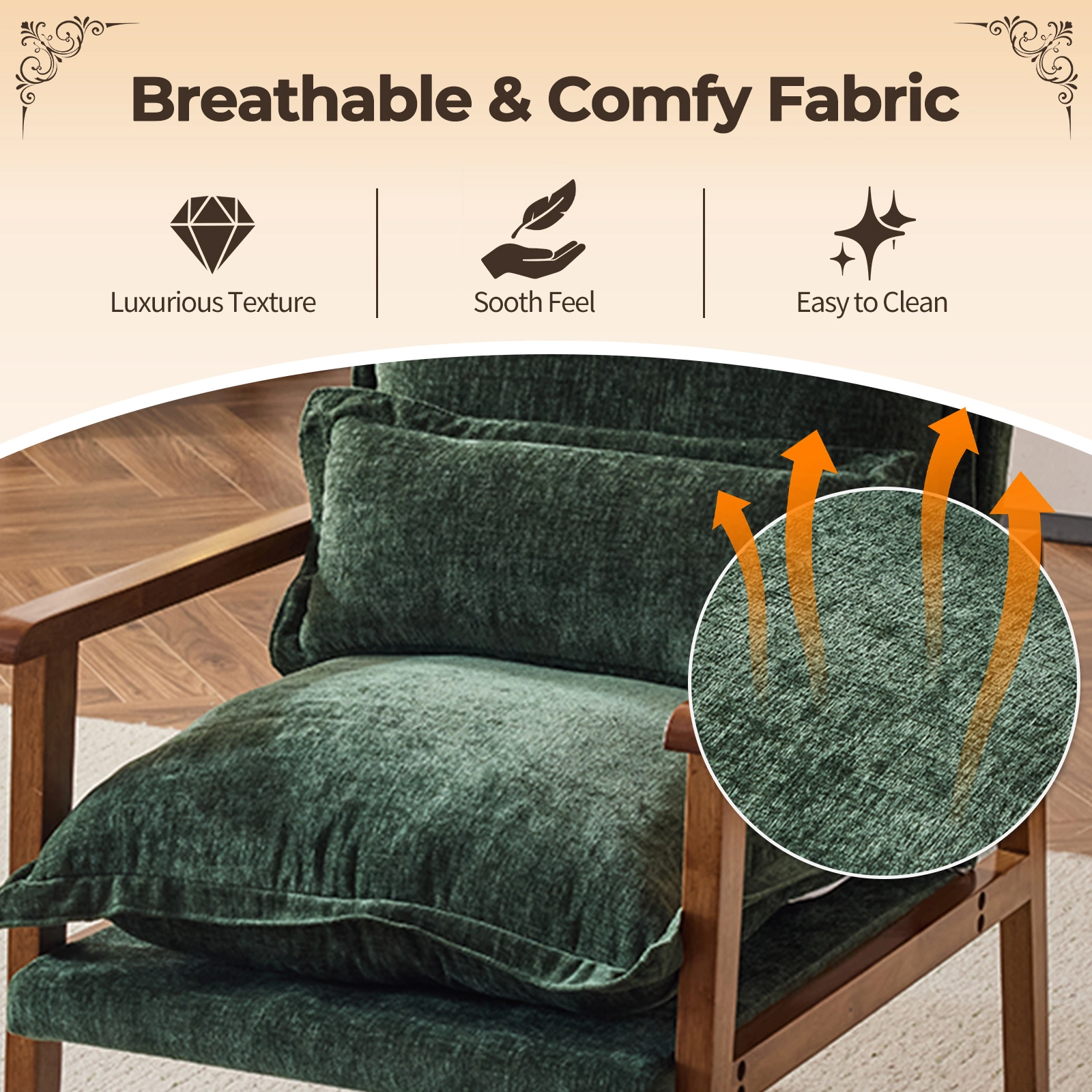 Cloud Shaped Indoor Leisure Chair with Solid Wood Armrest & Solid Wood Frame, Chenille Fabric Accent Chair with Lumbar Pillow, Single Sofa Chair Dark Green view 5