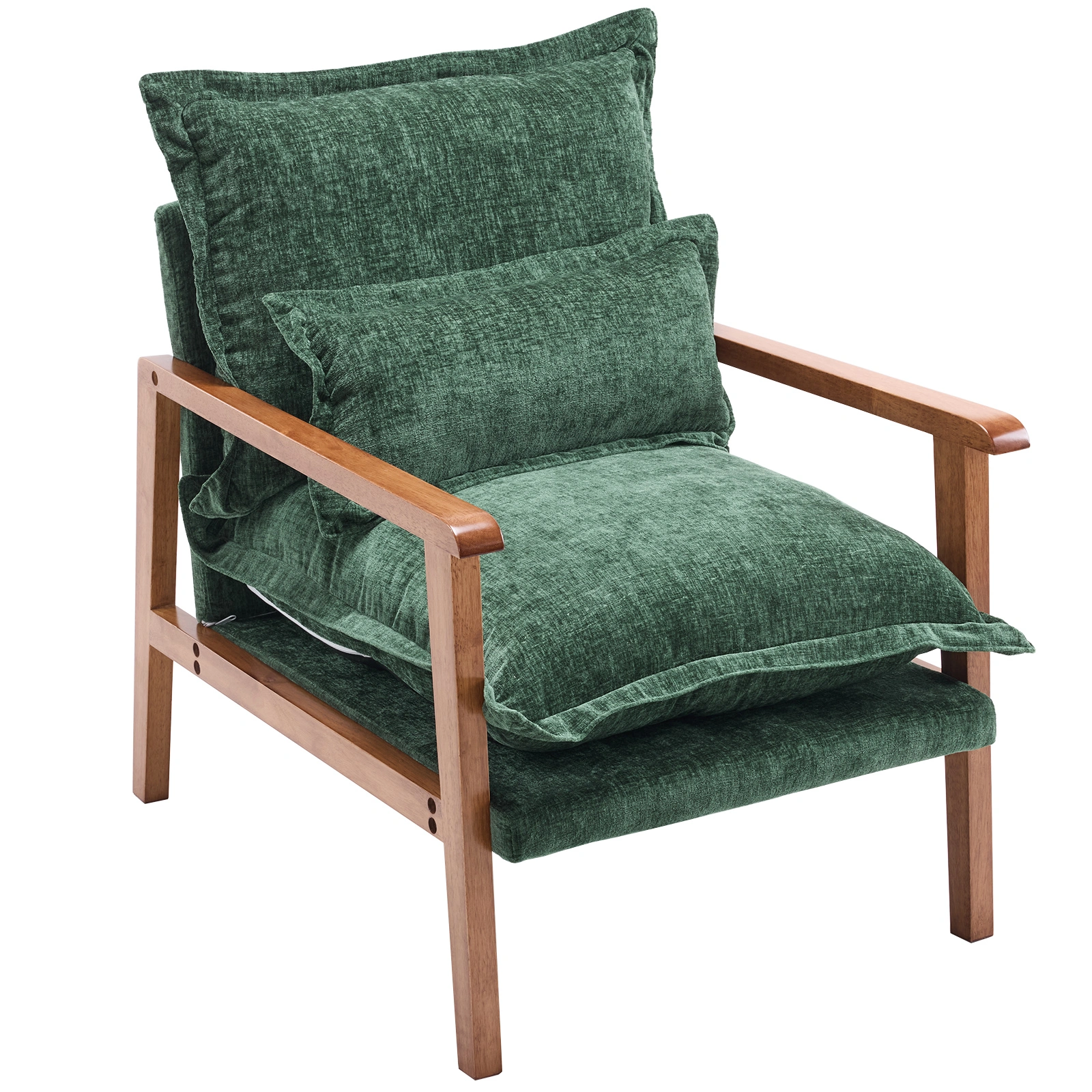 Cloud Shaped Indoor Leisure Chair with Solid Wood Armrest & Solid Wood Frame, Chenille Fabric Accent Chair with Lumbar Pillow, Single Sofa Chair Dark Green view 7